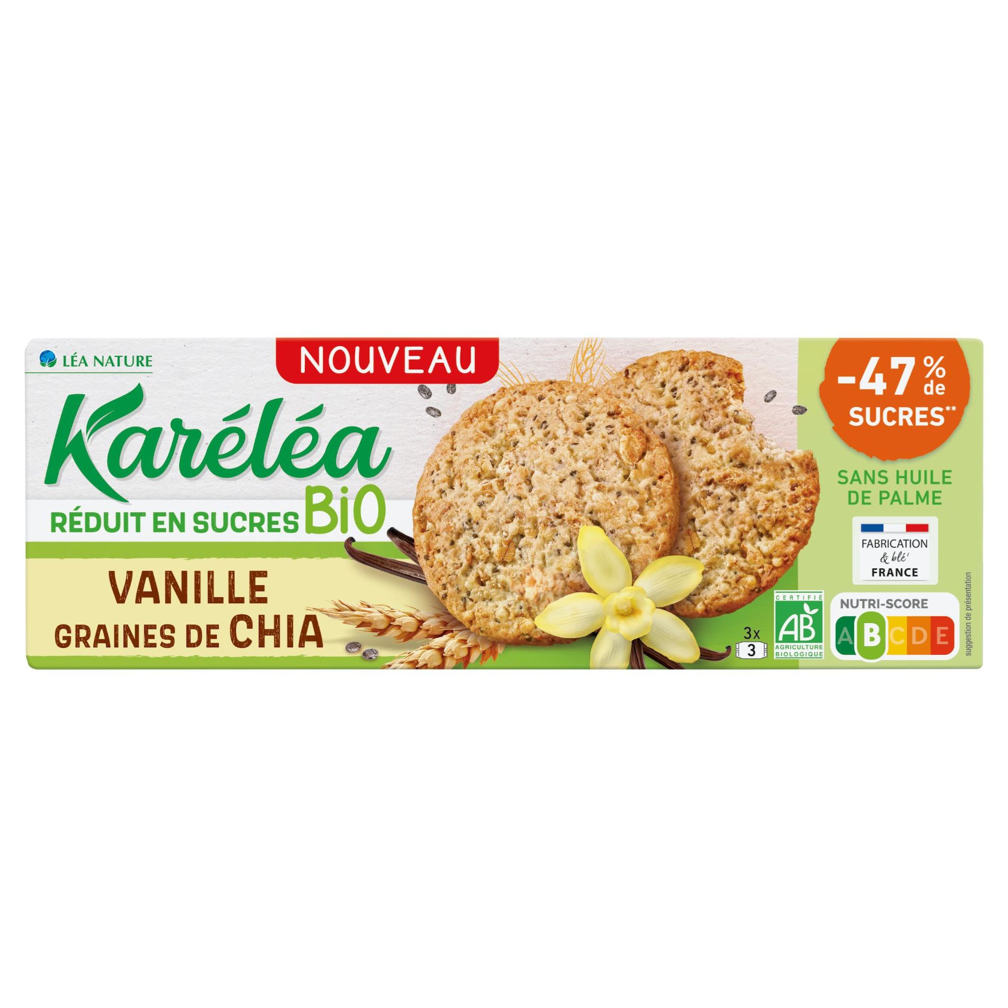 KARELEA Biscuits sablés à la vanille et grains de chia réduit en sucres bio 3x3 biscuits 150g