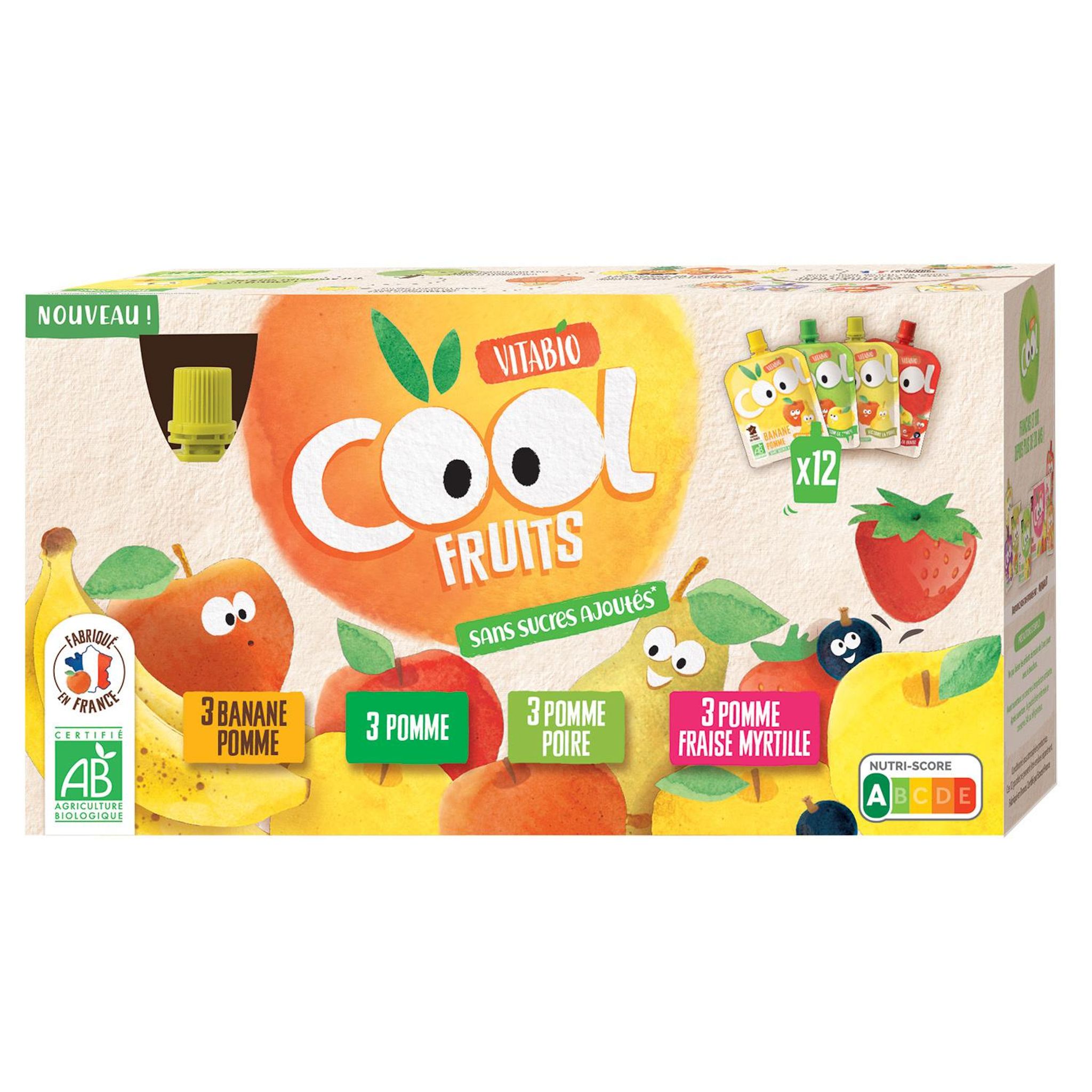 VITABIO Gourdes purée de pomme banane poire fraise myrtille bio sans sucres ajoutés 12x90g