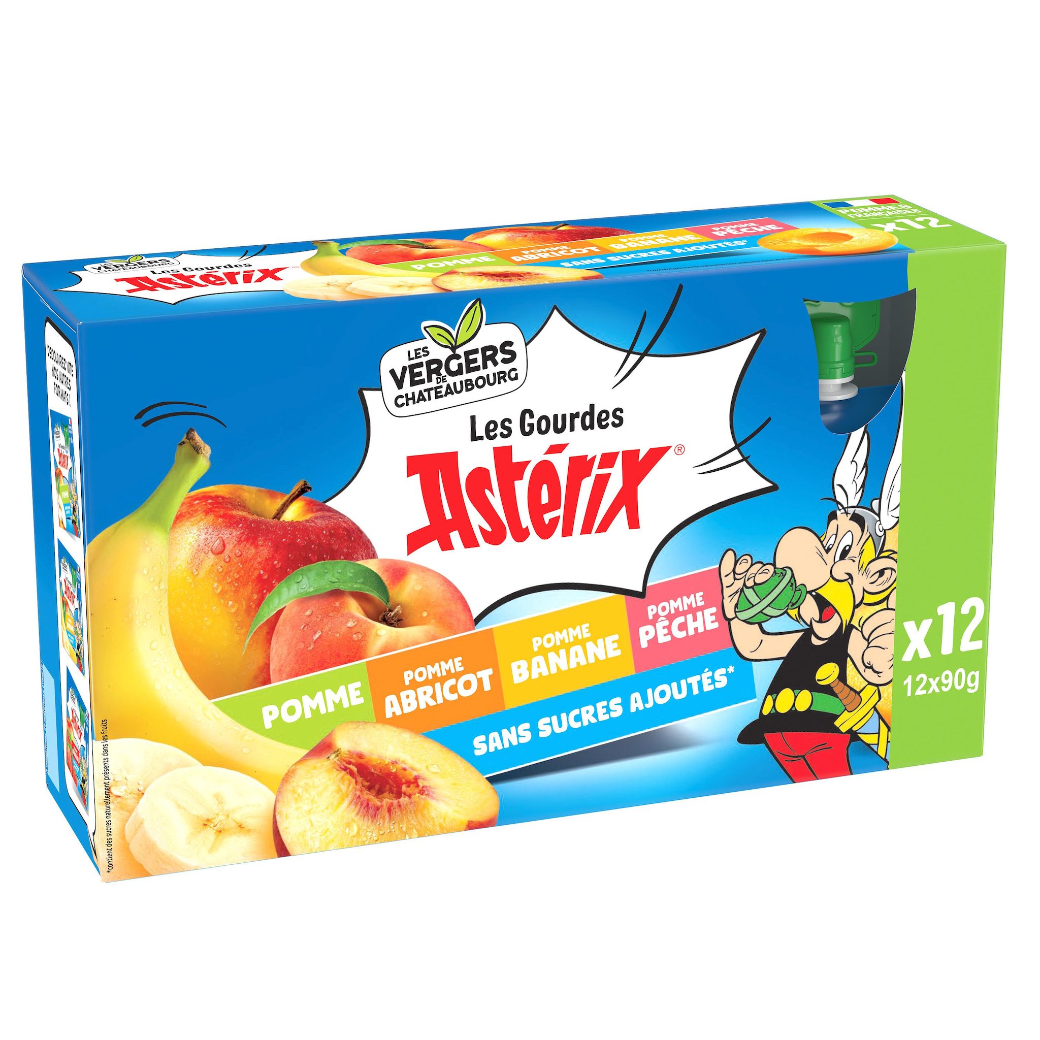 LES VERGERS DE CHATEAUBOURG Gourdes de compotes de pomme banane abricot pêche sans sucres ajoutés 12x90g