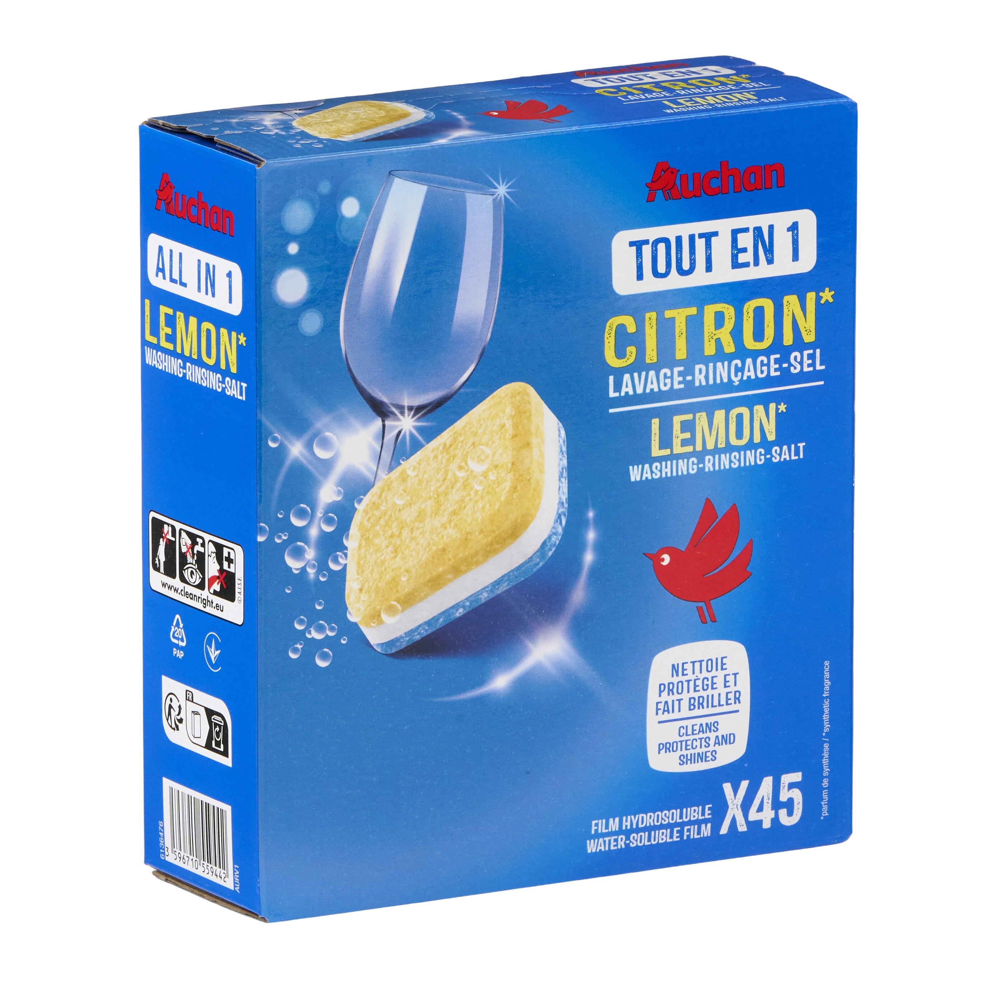 Voir la diapositive 3 : AUCHAN Tablettes lave-vaisselle tout en 1 citron 45 lavages 675g