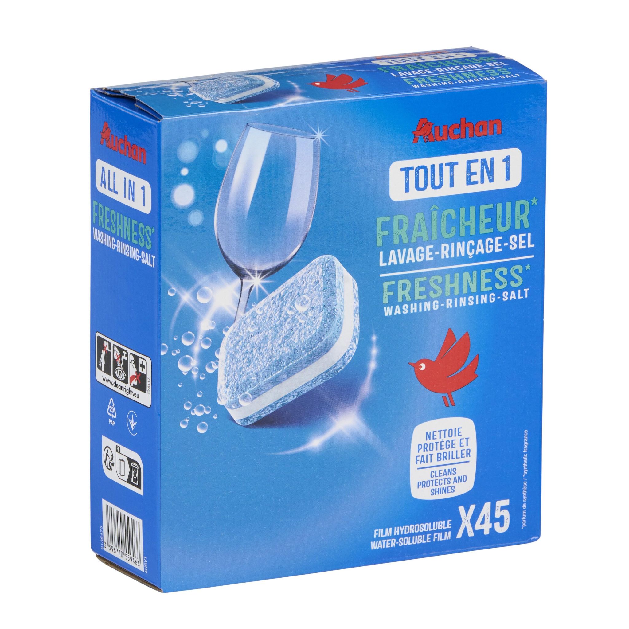 Voir la diapositive 3 : AUCHAN Tablettes lave-vaisselle tout en 1 fraîcheur 45 tablettes