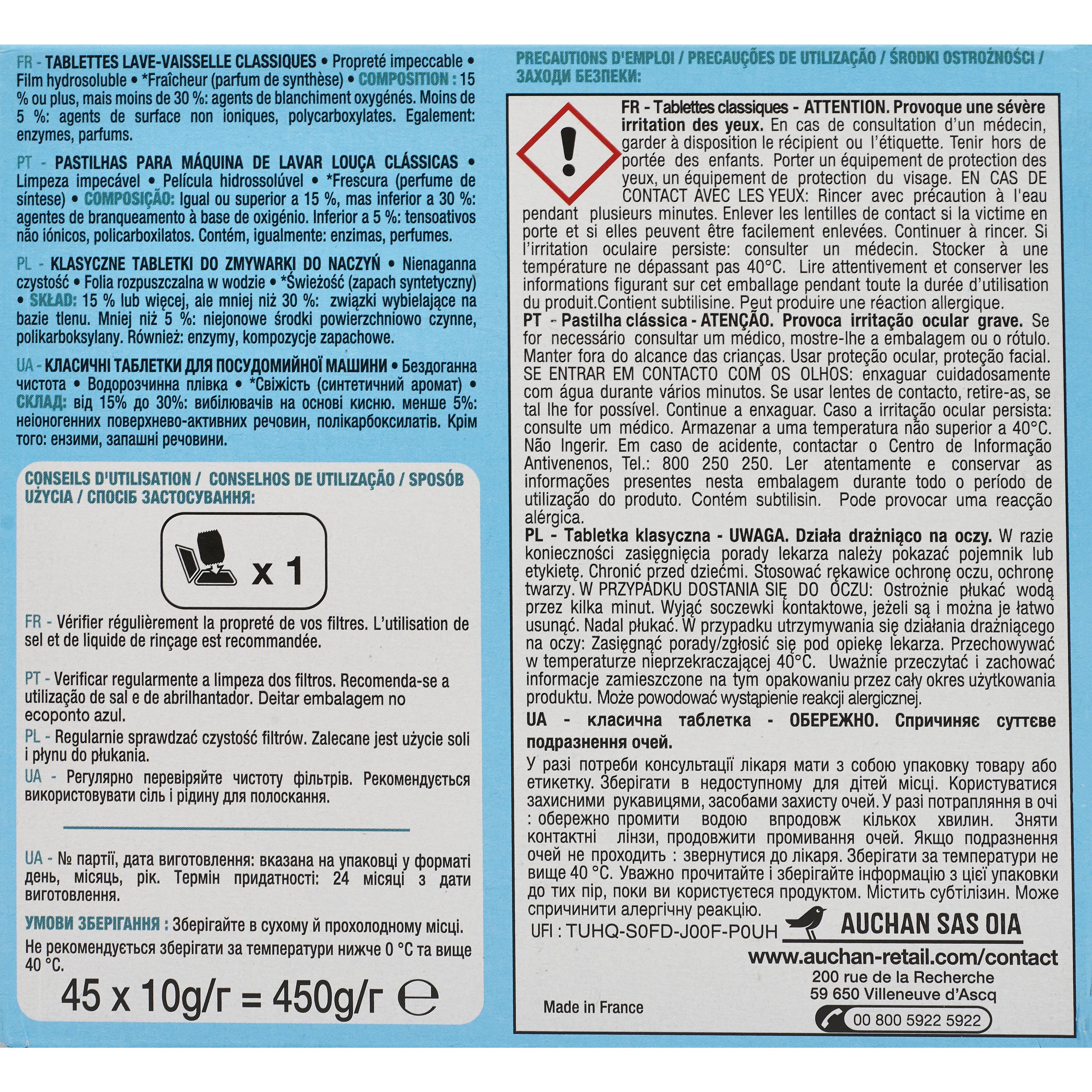 Voir la diapositive 3 : AUCHAN Tablettes lave-vaisselle fraîcheur 45 lavages 450g