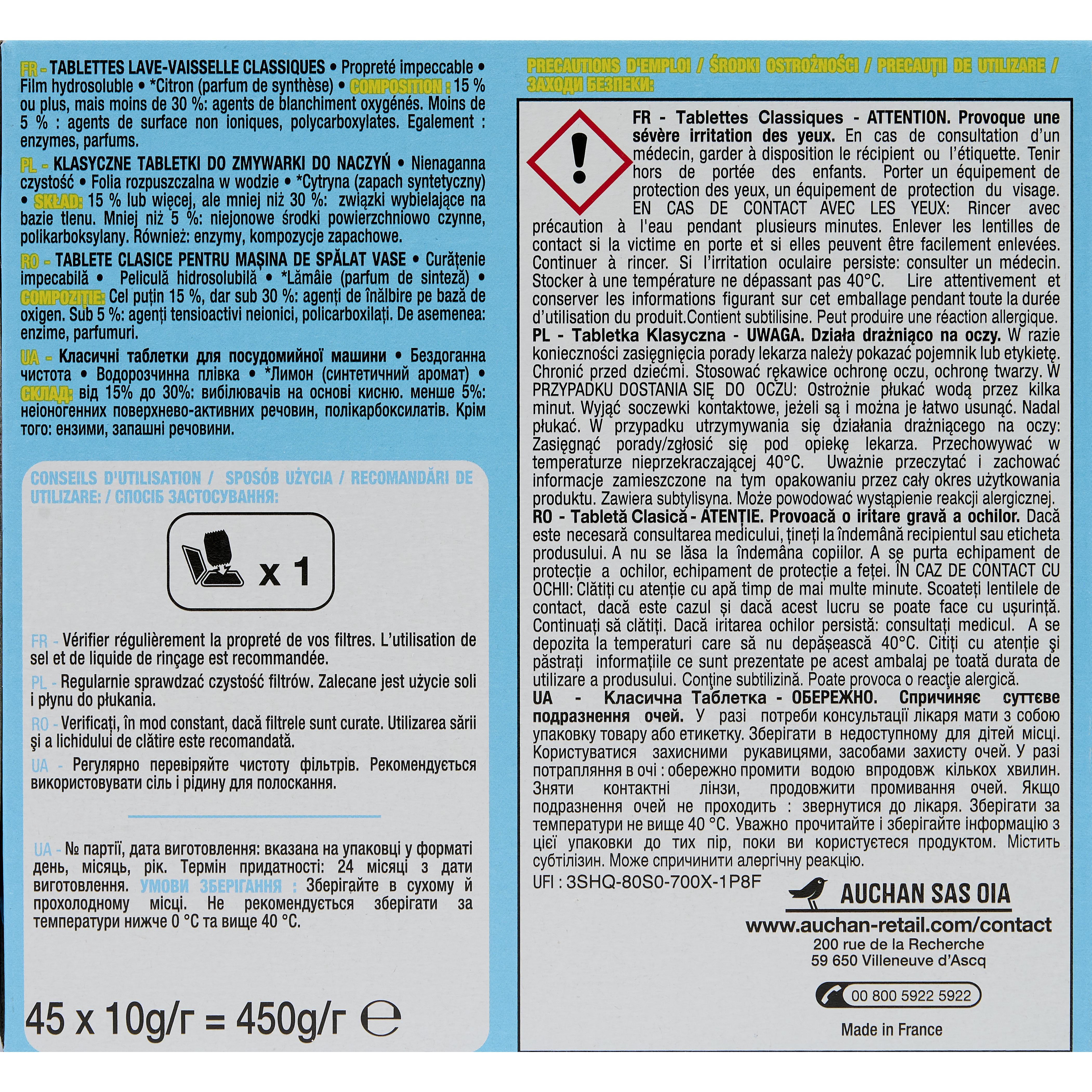 Voir la diapositive 2 : AUCHAN Tablettes lave-vaisselle citron 45 tablettes