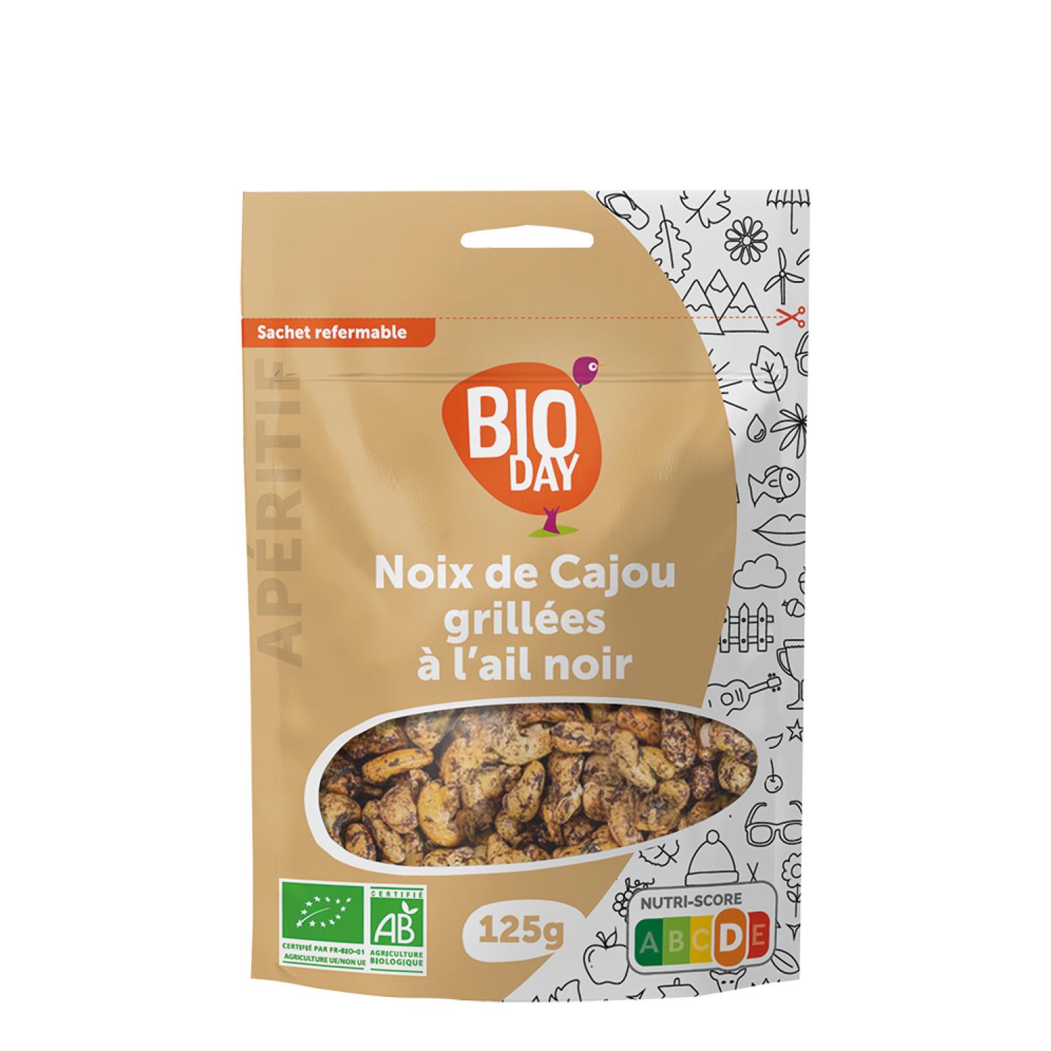 BIODAY Noix de cajou grillées à l'ail noir bio 125g
