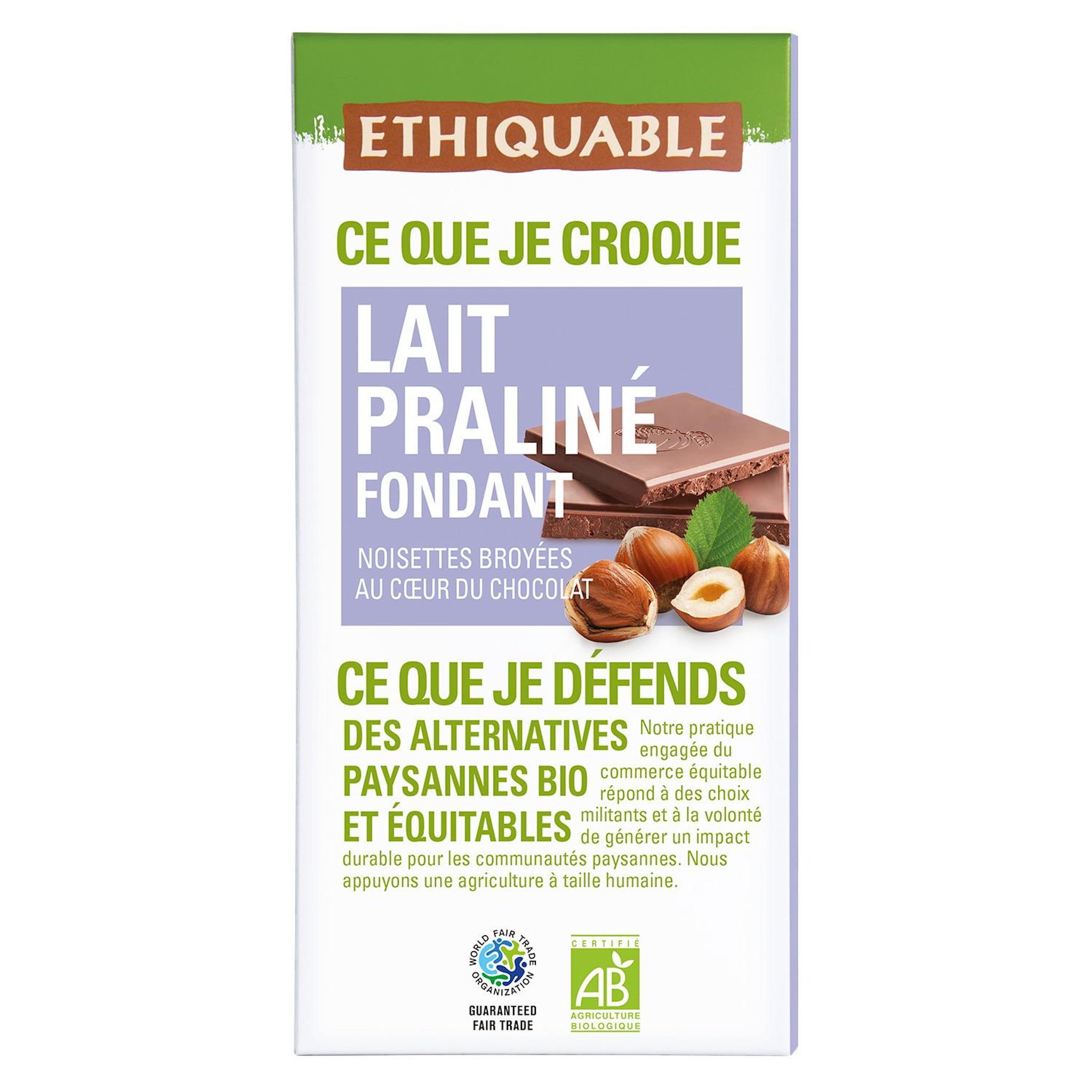 ETHIQUABLE Tablette de chocolat au lait praliné fondant bio 100g