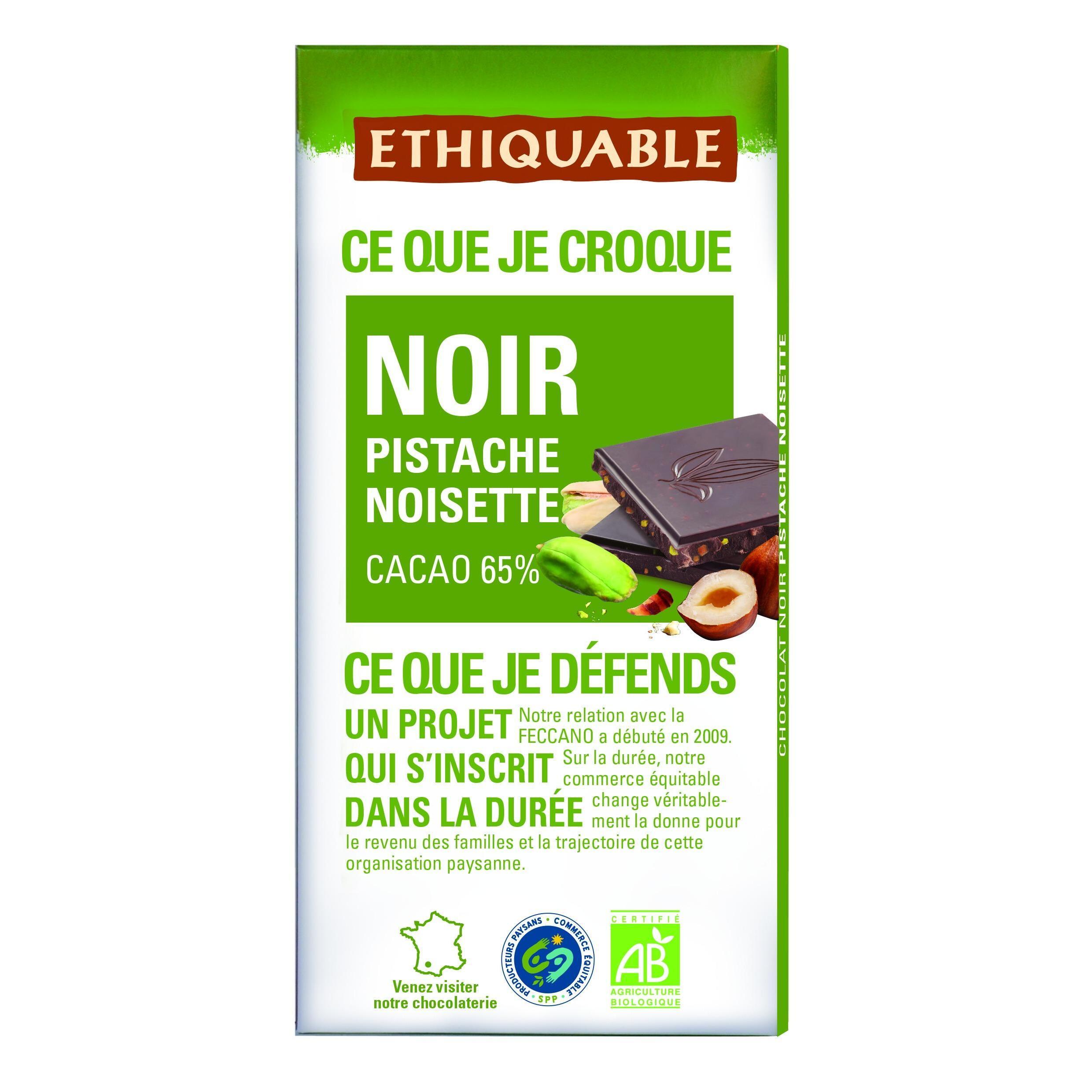 ETHIQUABLE Tablette de chocolat noir 65% cacao et pistache noisette bio 100g