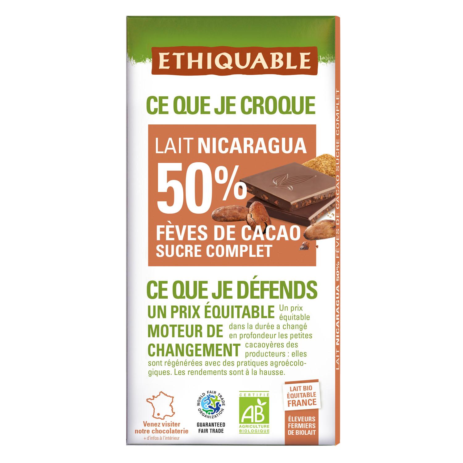 ETHIQUABLE Tablette de chocolat au lait nicaragua 50% fèves de cacao sucre complet bio 100g