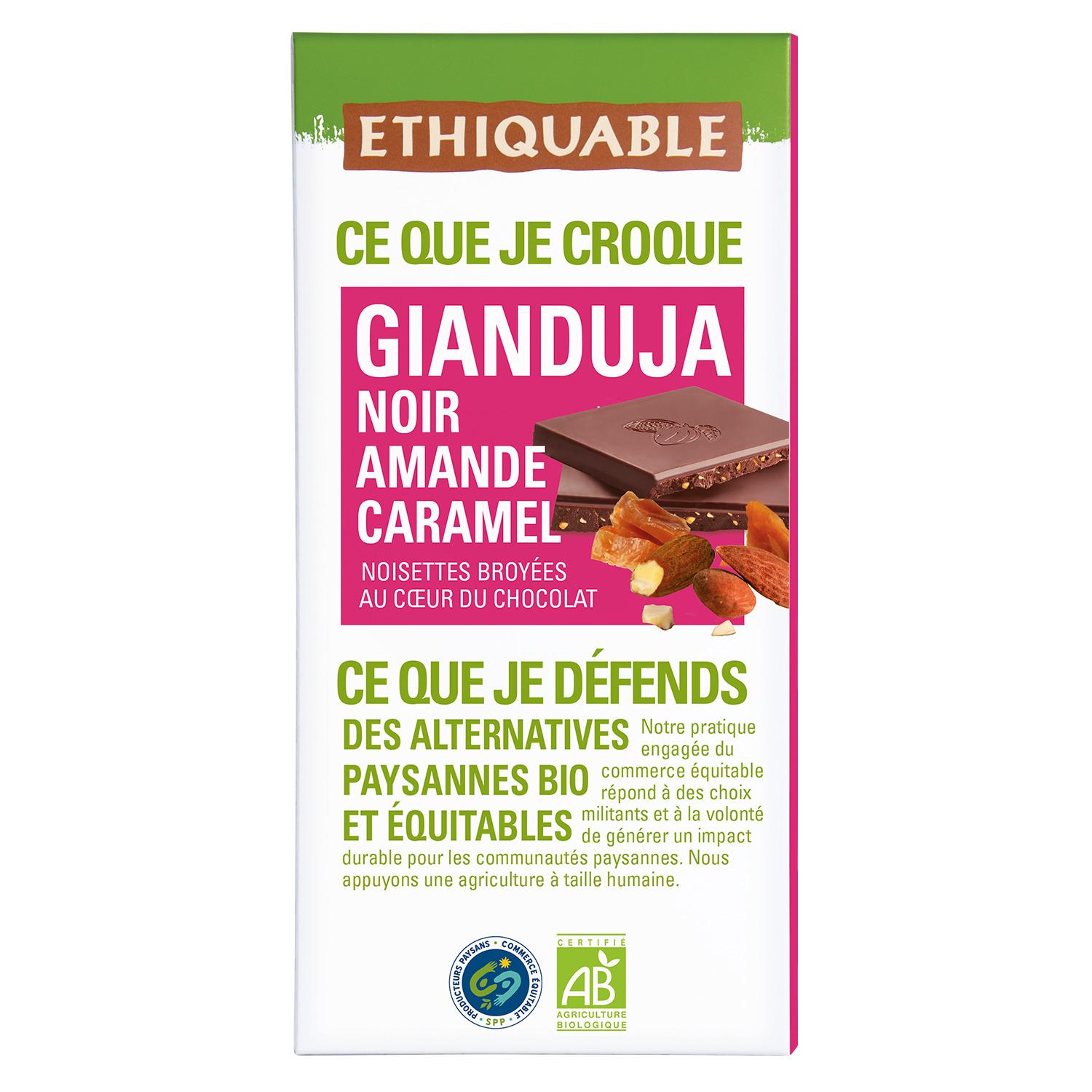 ETHIQUABLE Tablette de chocolat noir gianduja amande caramel bio 100g