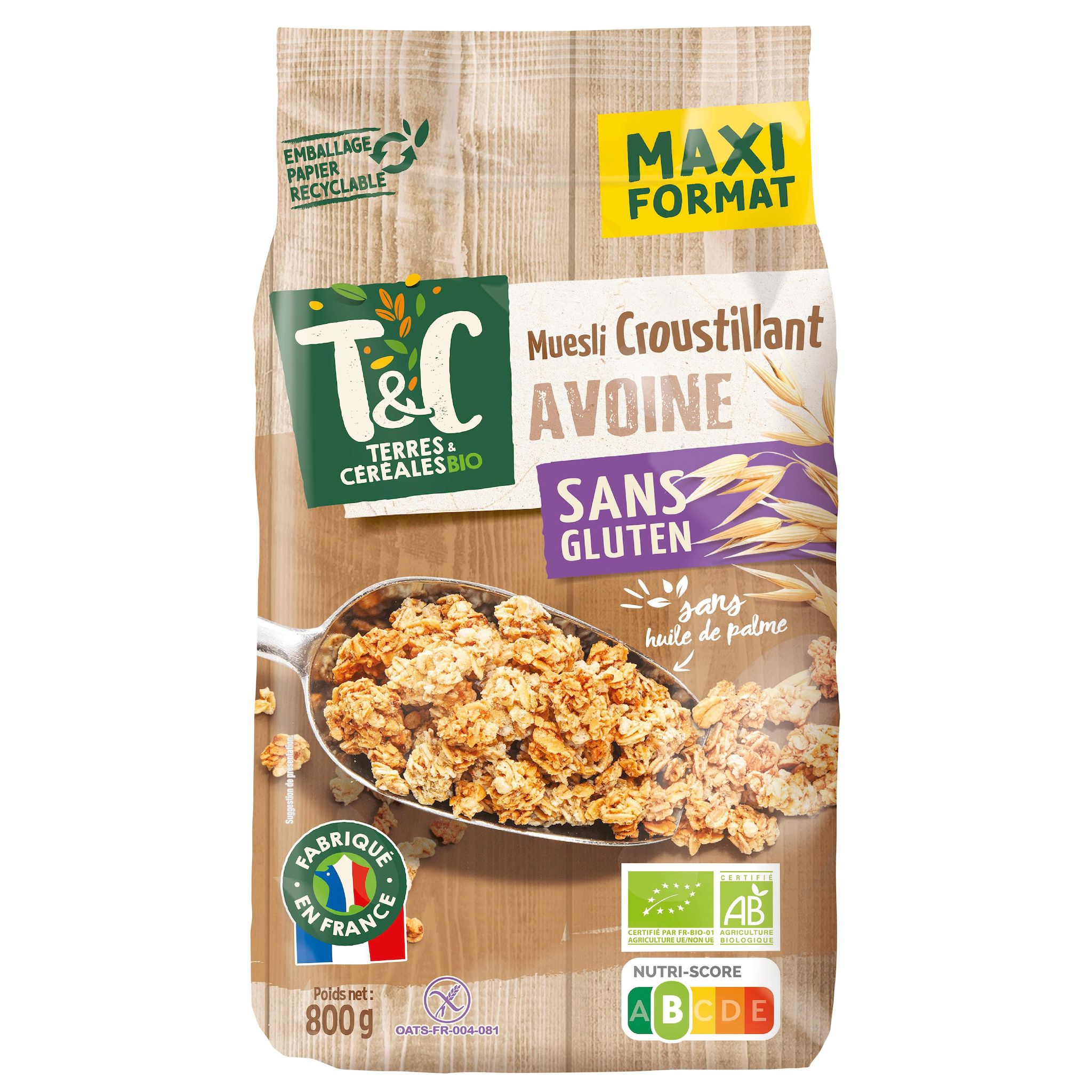 TERRES ET CEREALES Muesli croustillant d'avoine sans gluten bio 800g
