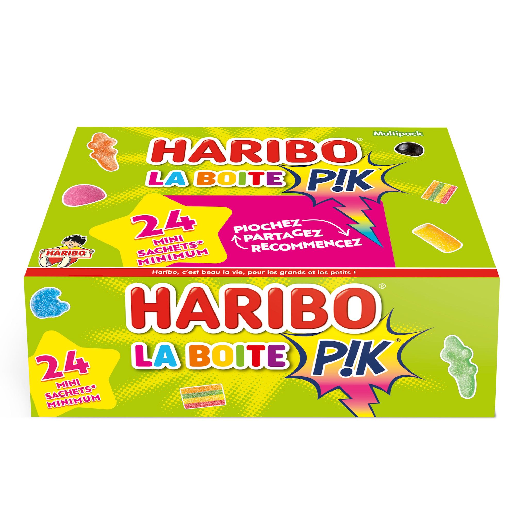 HARIBO La Boite P!K avec un assortiment de bonbons piquants aux fruits 24 mini sachets 1,03kg