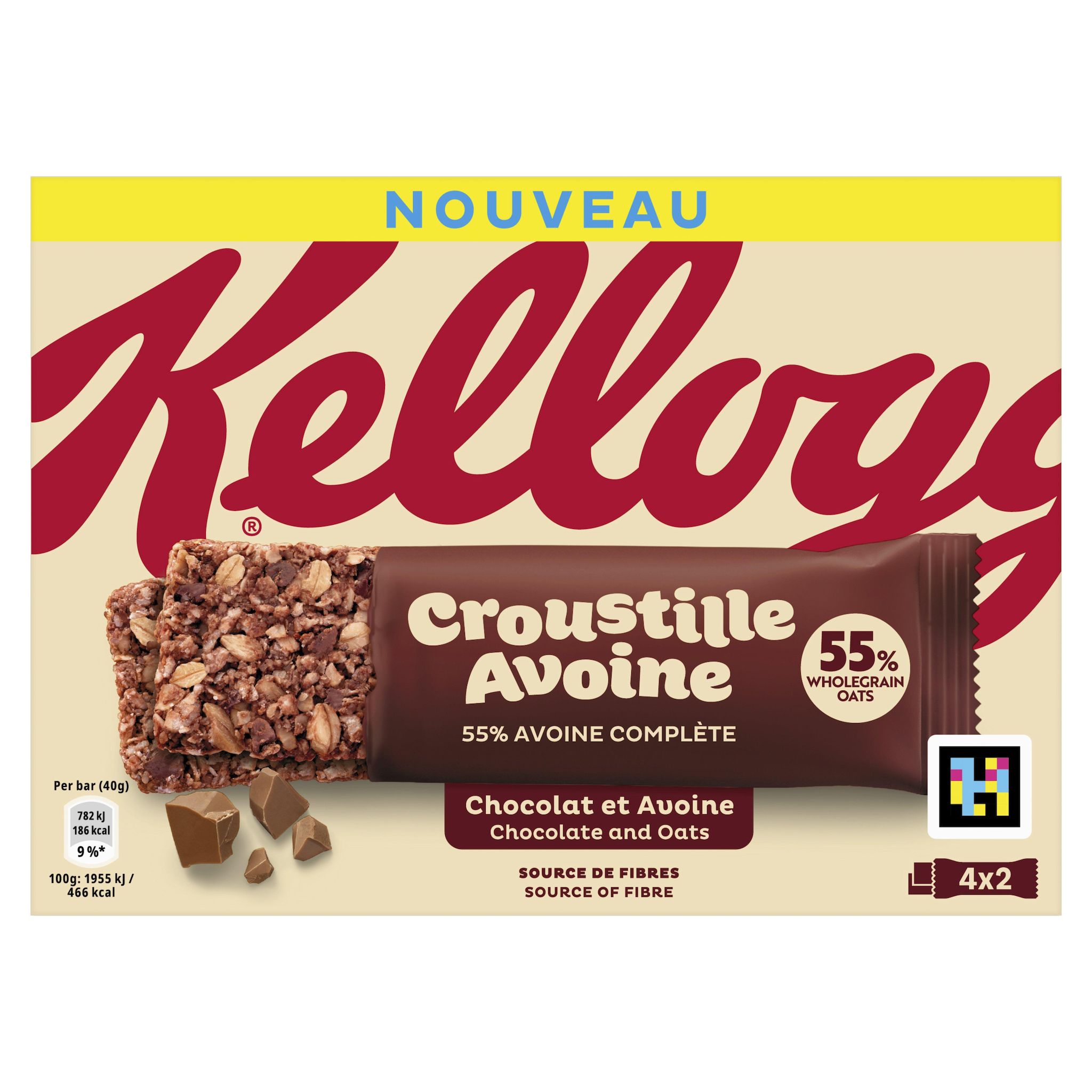 KELLOGG'S Barres de céréales à l'avoine et au chocolat 4 barres 4x40g
