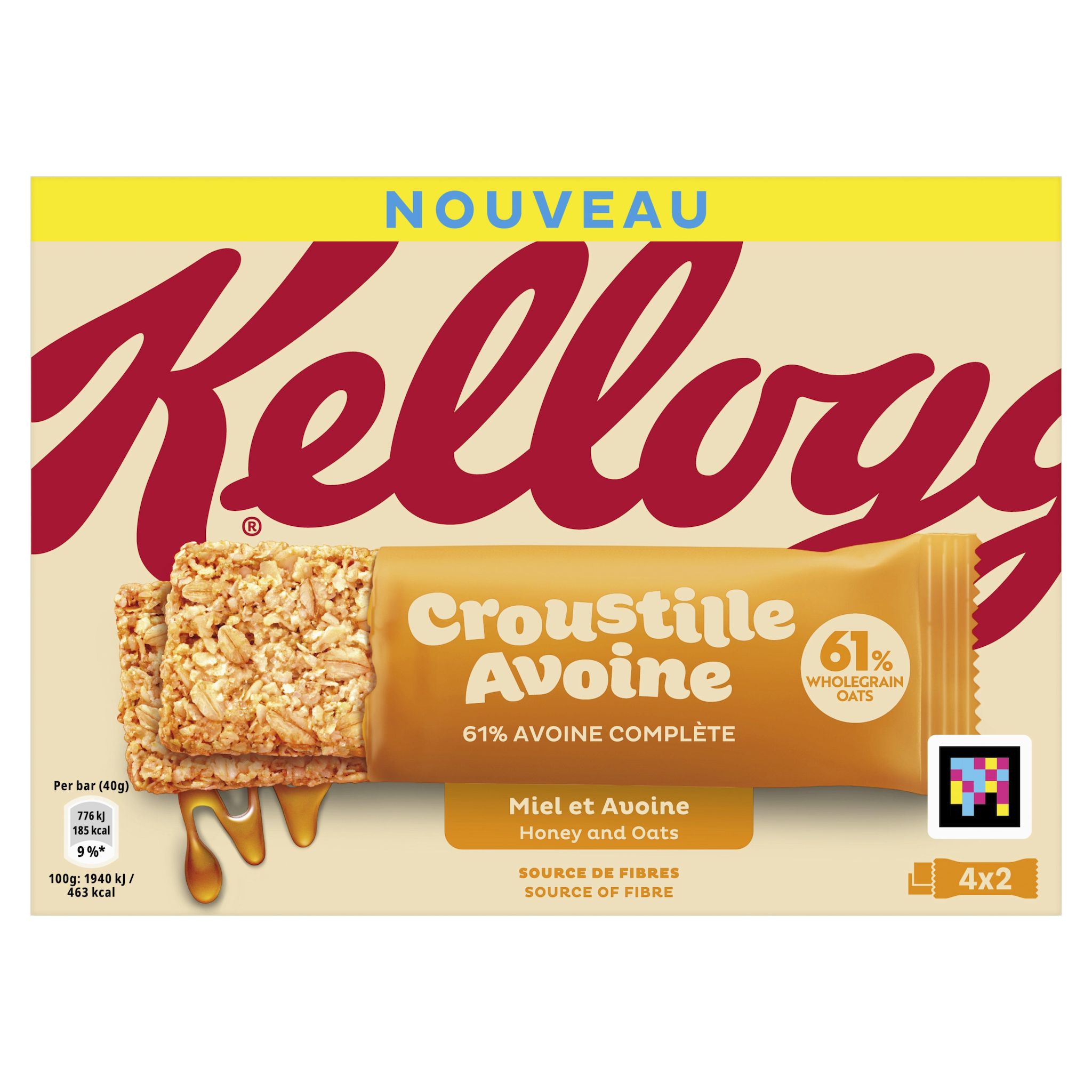 KELLOGG'S Barres de céréales à l'avoine et au miel 4x2 barres 160g