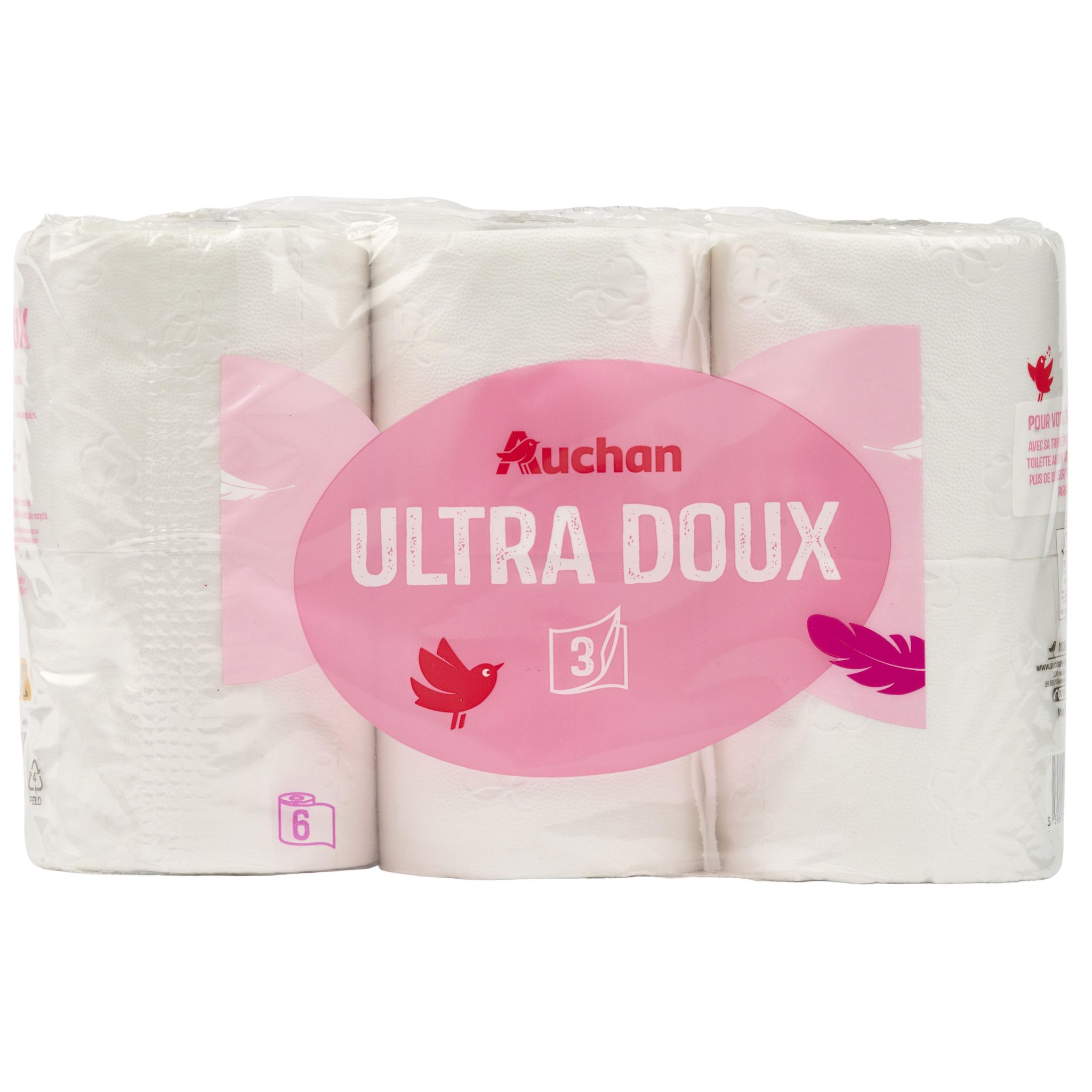 AUCHAN Papier toilette blanc ultra doux 3 épaisseurs 6 rouleaux