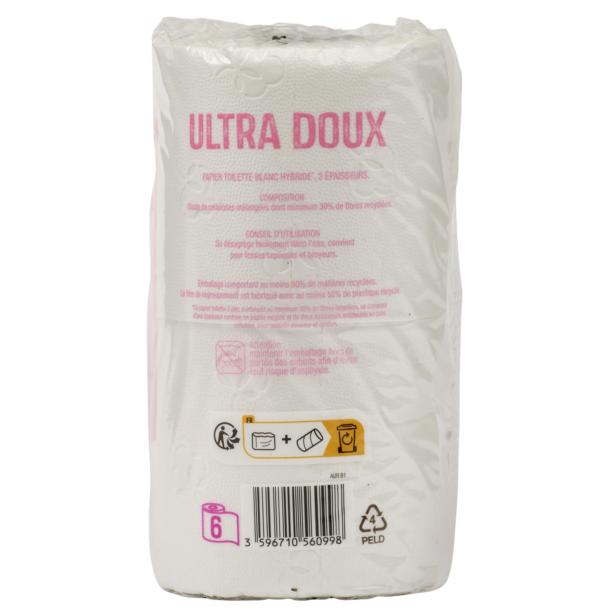 Voir la diapositive 3 : AUCHAN Papier toilette blanc ultra doux 3 épaisseurs 6 rouleaux