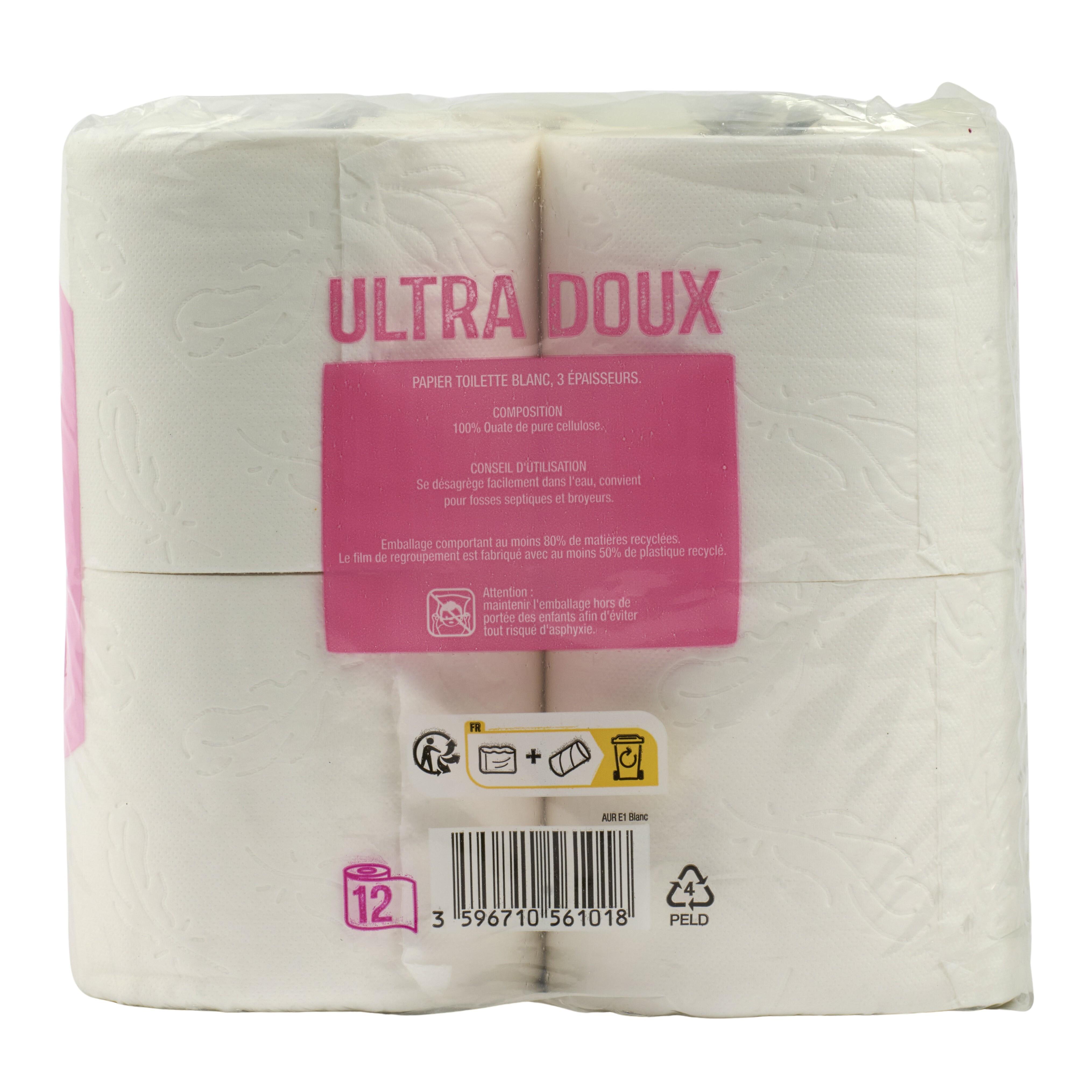 Voir la diapositive 2 : AUCHAN Papier toilette blanc ultra doux 3 épaisseurs 12 rouleaux