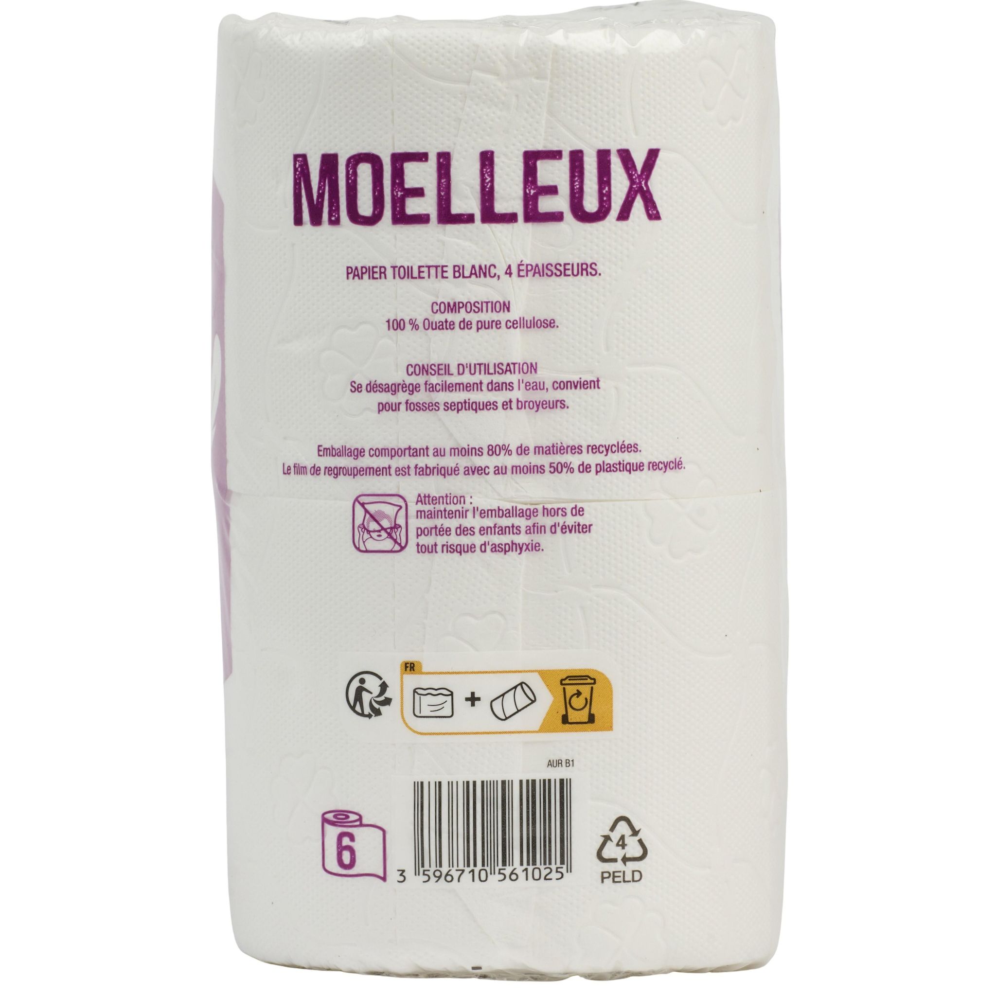 Voir la diapositive 2 : AUCHAN Papier toilette blanc ultra doux 4 épaisseurs 6 rouleaux