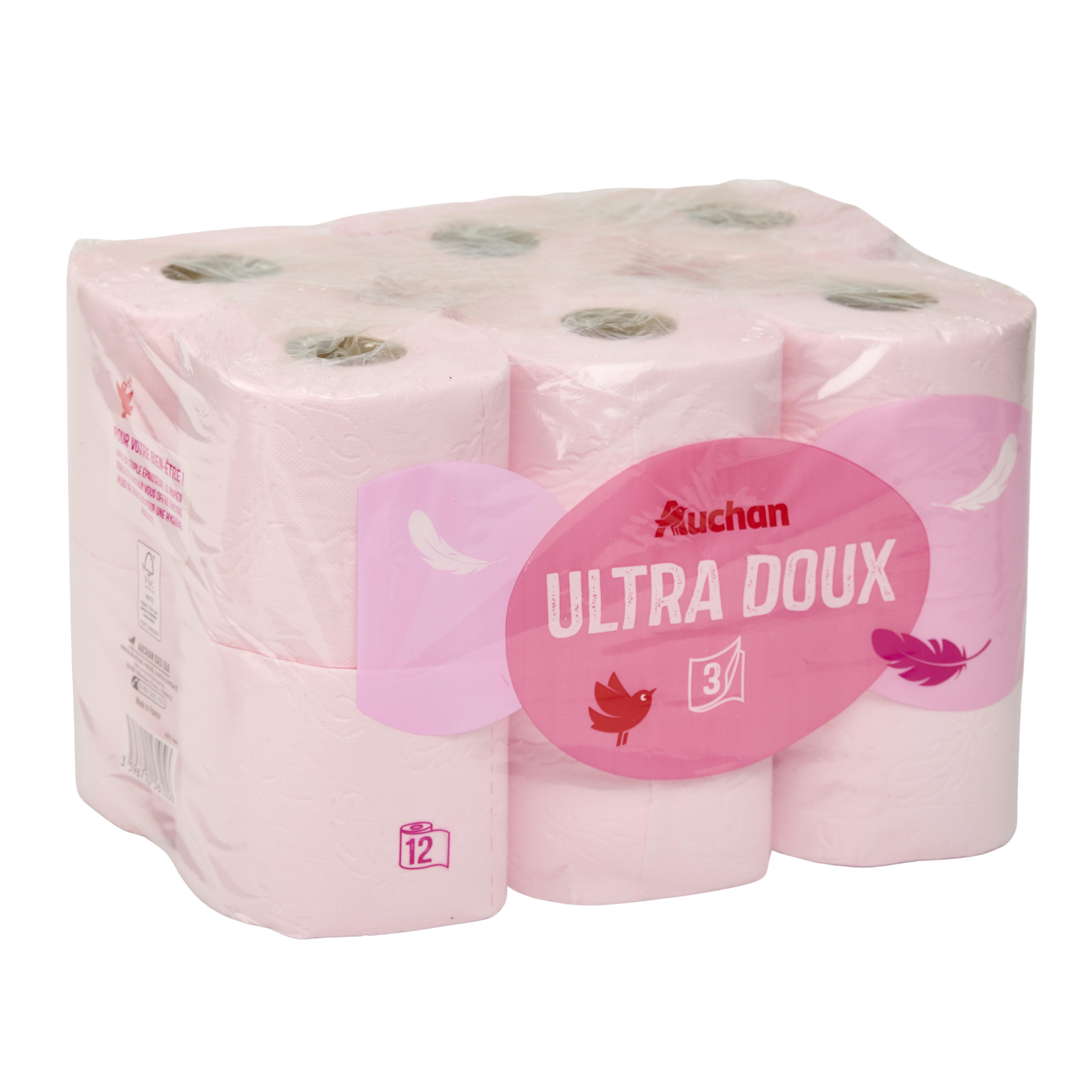 Voir la diapositive 2 : AUCHAN Papier toilette rose ultra doux 3 épaisseurs 12 rouleaux