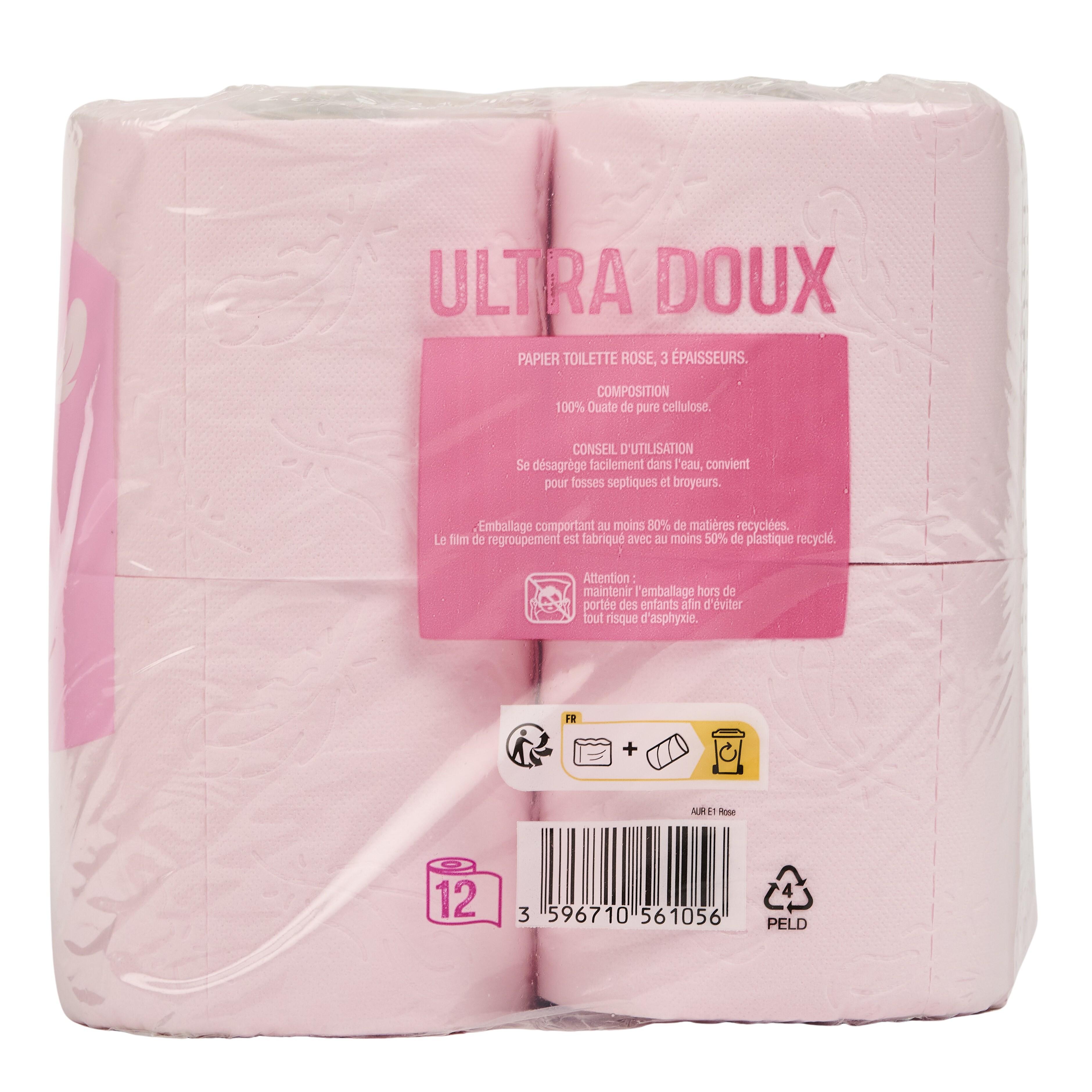 Voir la diapositive 3 : AUCHAN Papier toilette rose ultra doux 3 épaisseurs 12 rouleaux