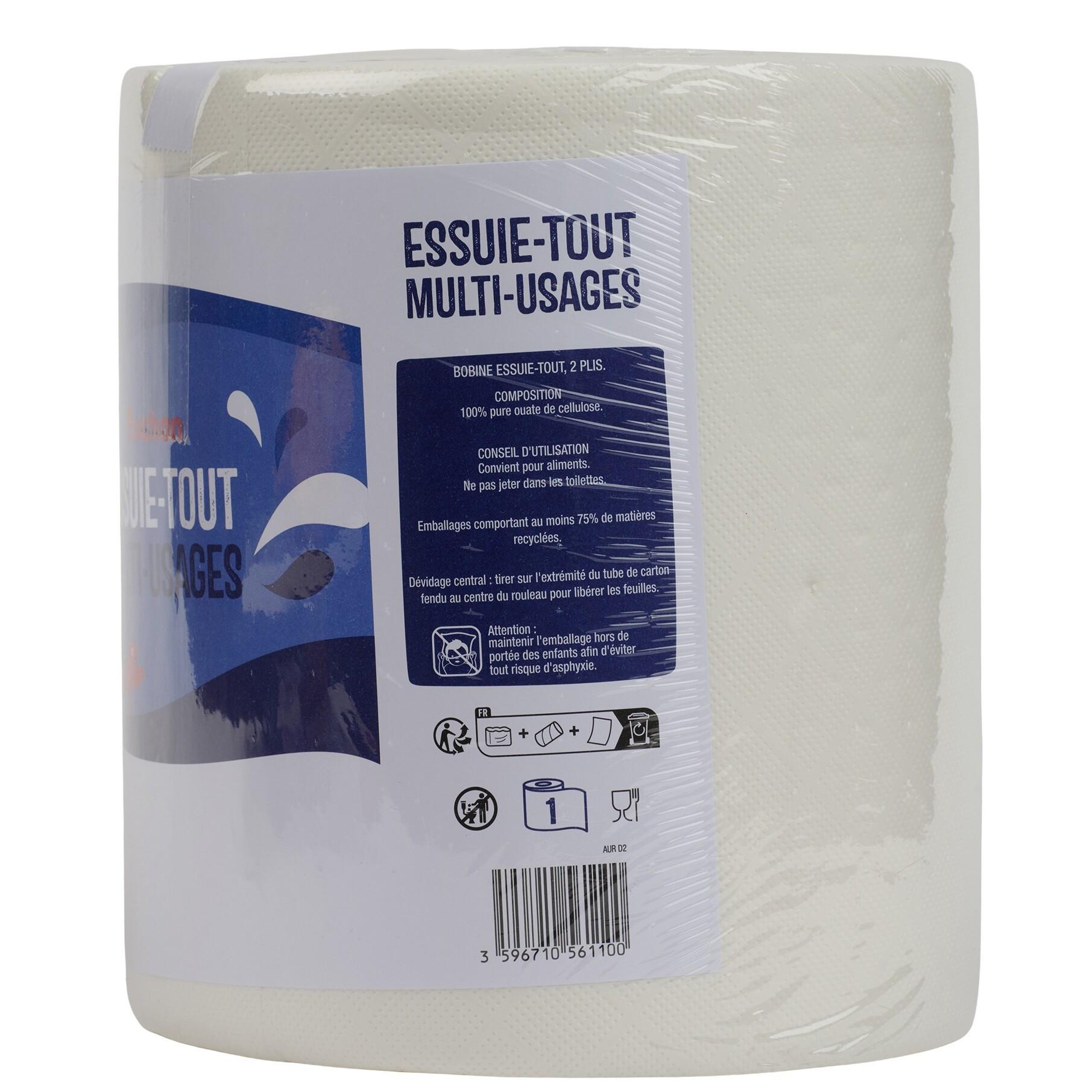 Voir la diapositive 2 : AUCHAN Essuie-tout bobine multi-usage = 10 standards 1=10 rouleaux