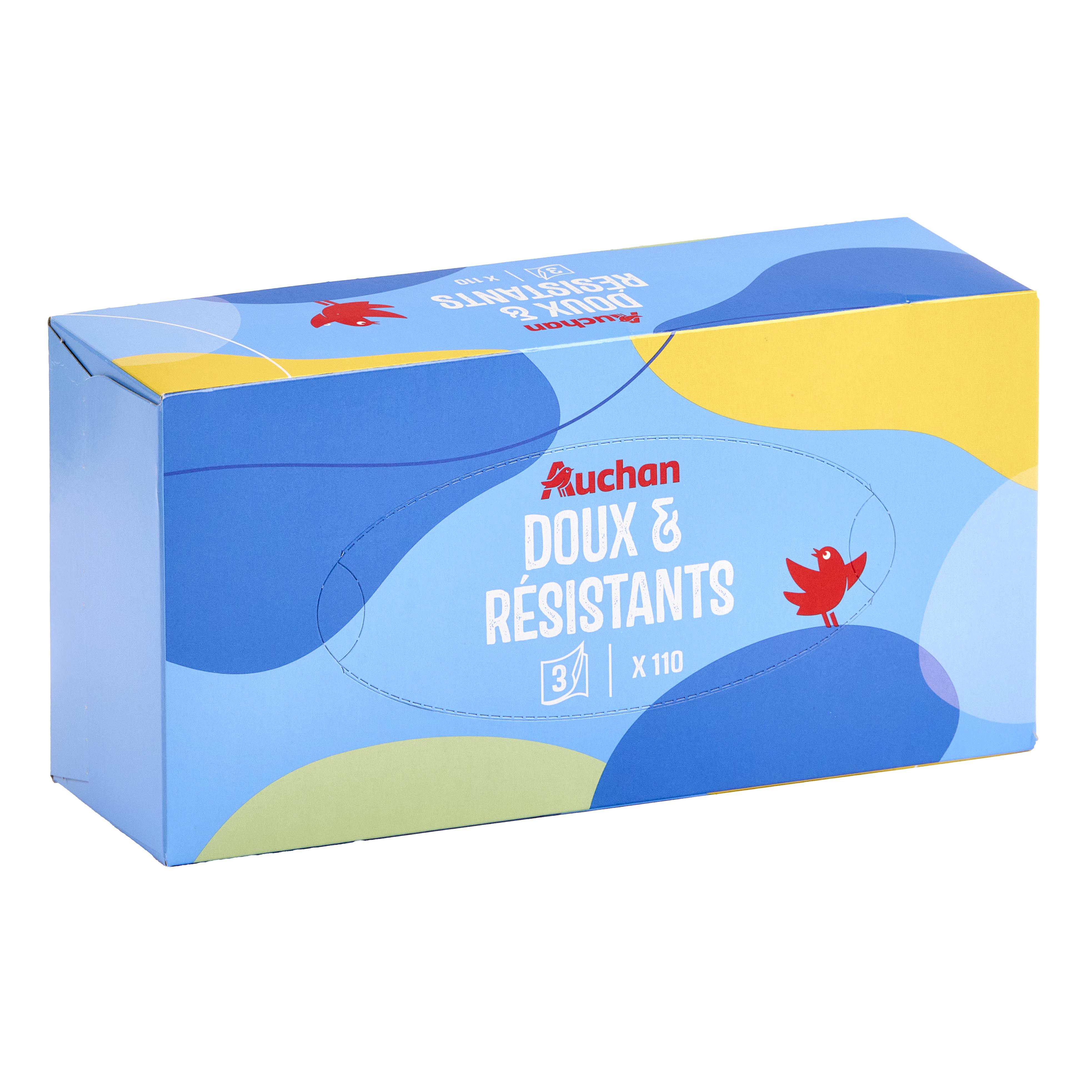 Voir la diapositive 2 : AUCHAN Boite de mouchoirs doux et résistant 3 plis 110 mouchoirs