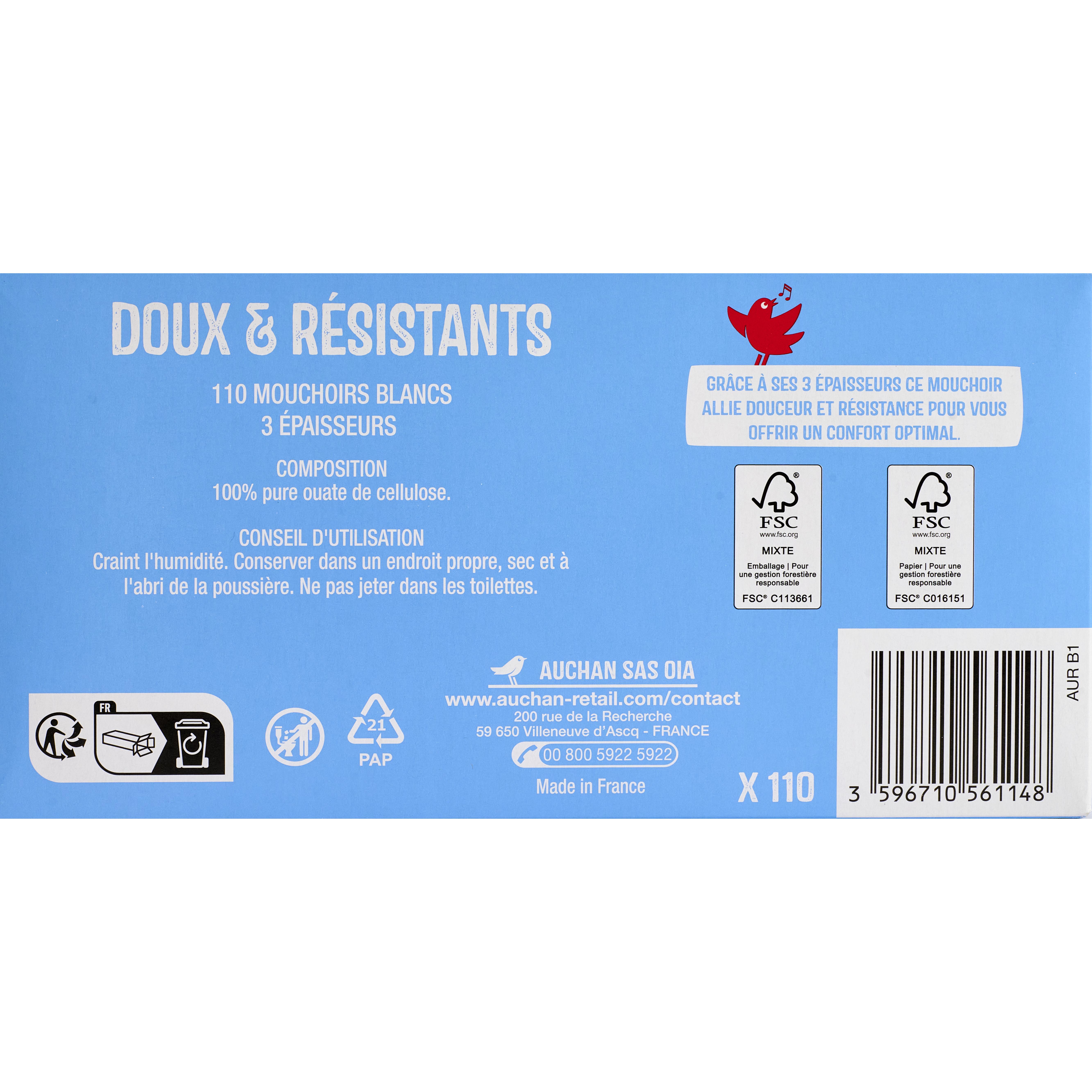 Voir la diapositive 3 : AUCHAN Boite de mouchoirs doux et résistant 3 plis 110 mouchoirs