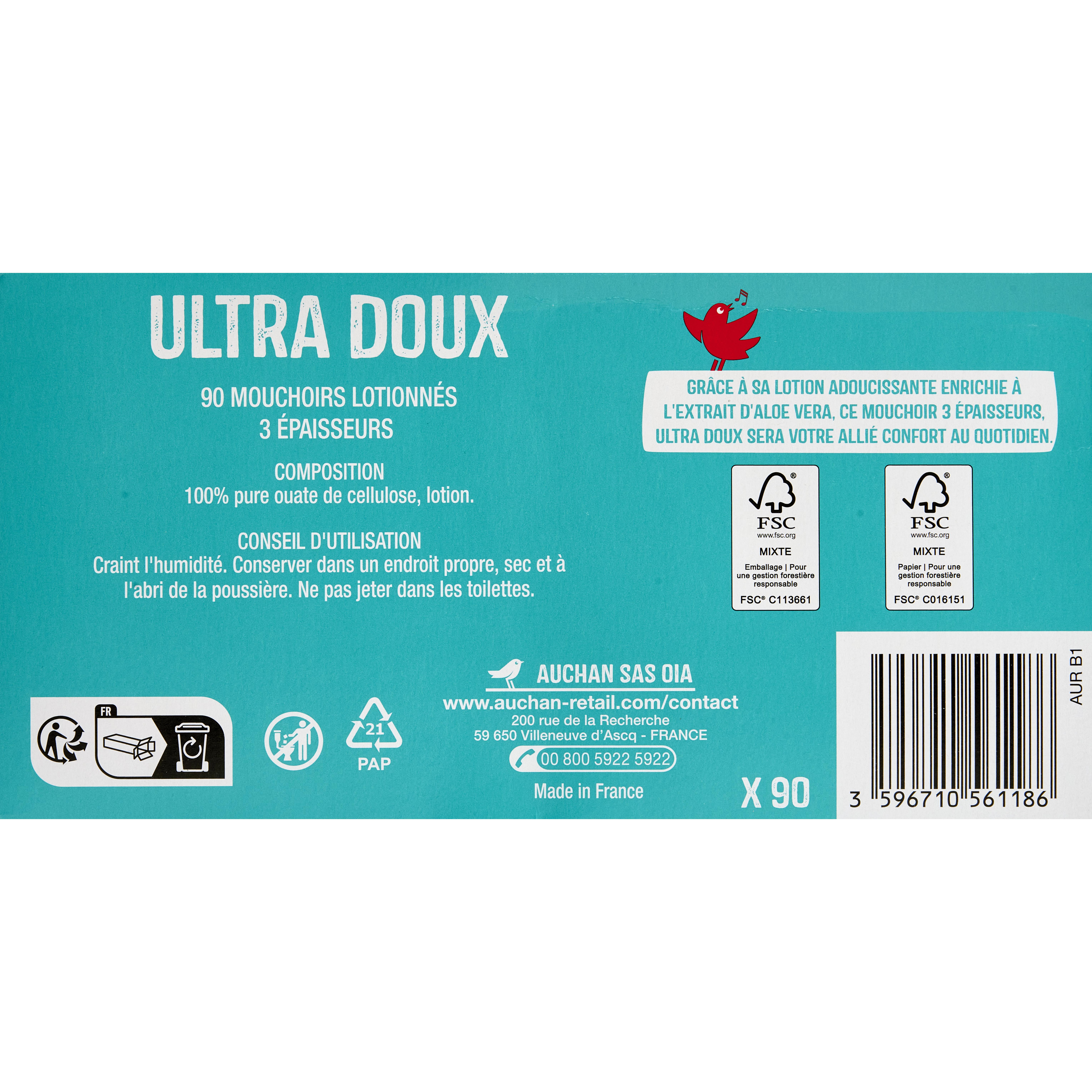 Voir la diapositive 3 : AUCHAN Sensitive mouchoirs 3 plis 90 pièces
