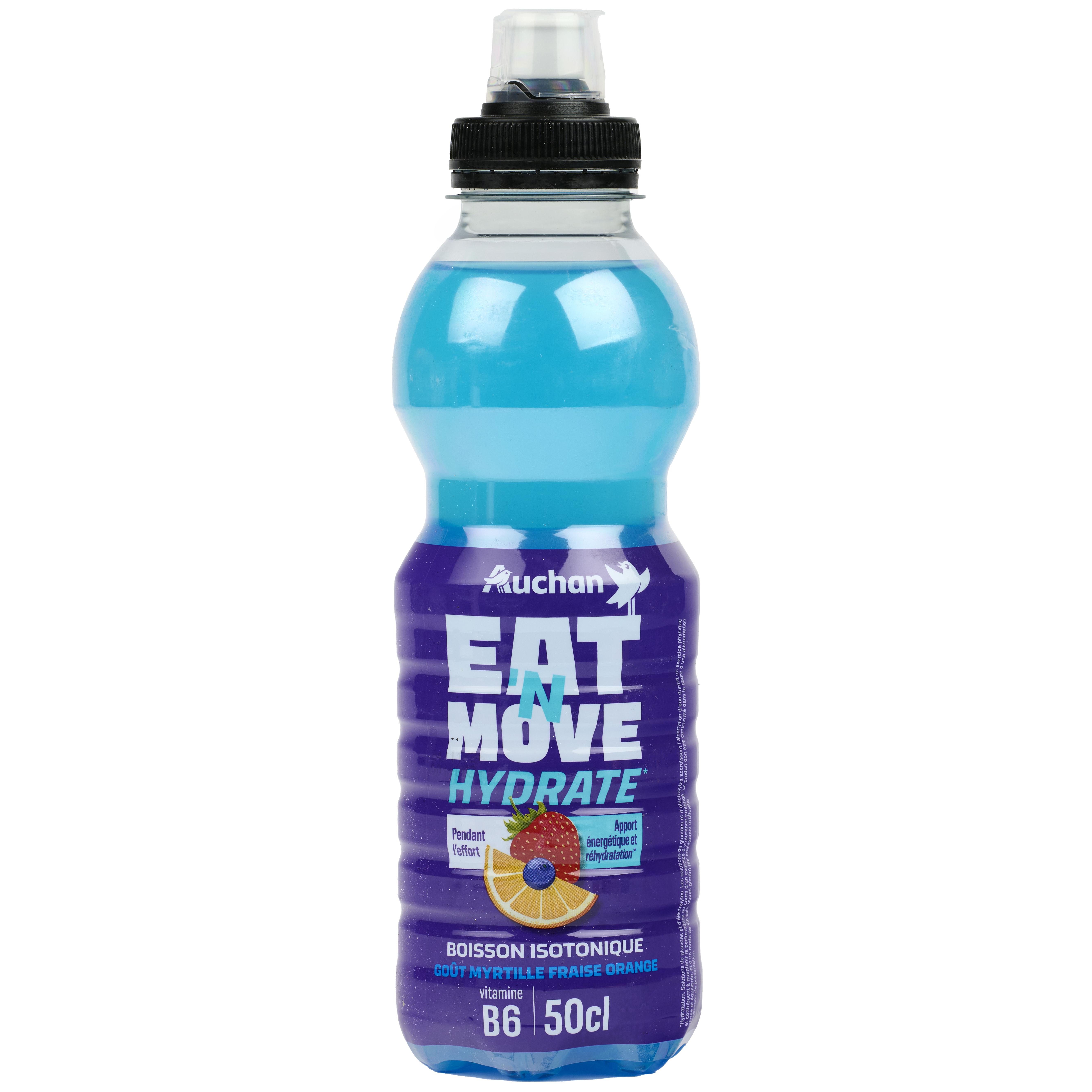 AUCHAN Eat 'N Move Boisson isotonique hydrate goût myrtille fraise orange bouteille 50cl