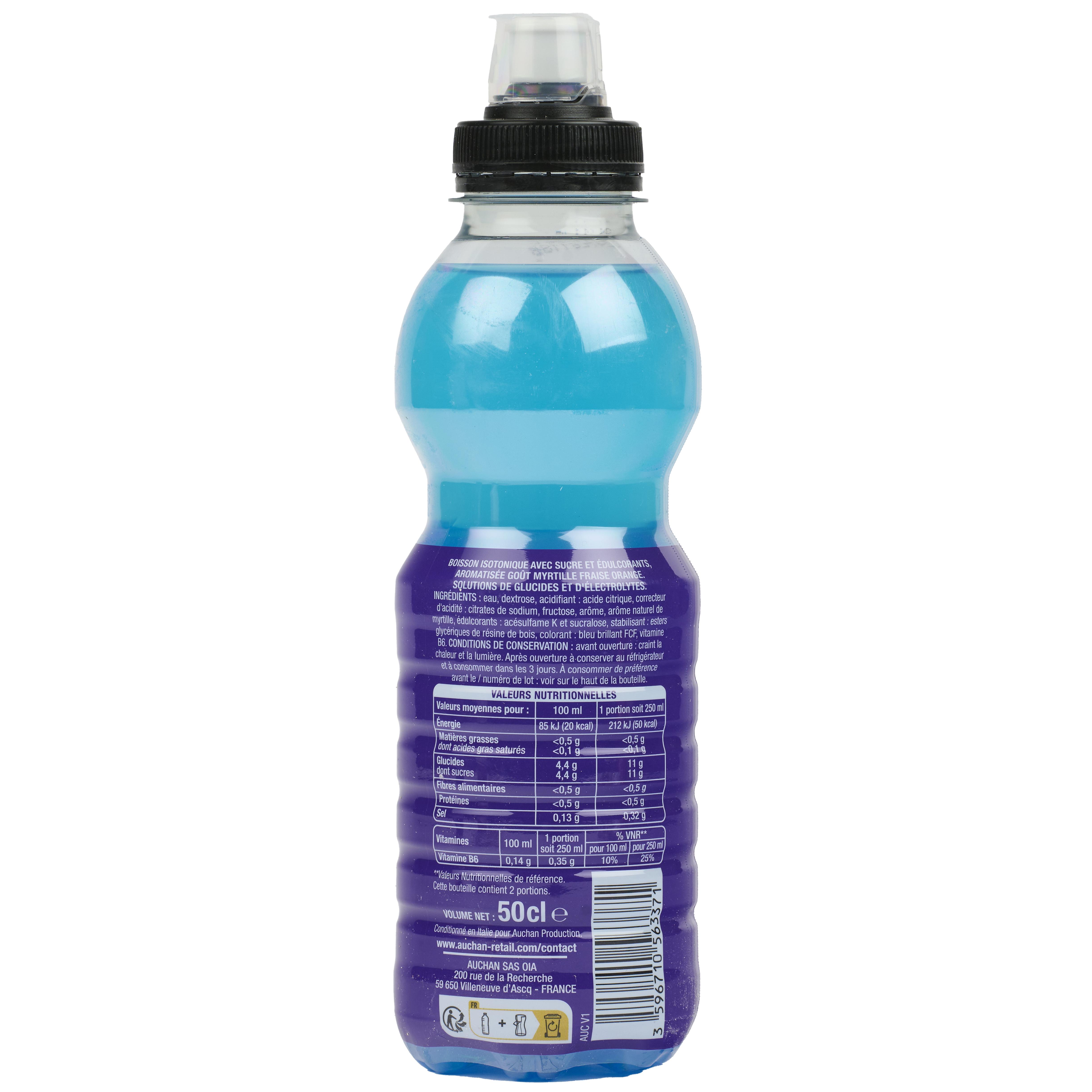 Voir la diapositive 2 : AUCHAN Eat 'N Move Boisson isotonique hydrate goût myrtille fraise orange bouteille 50cl