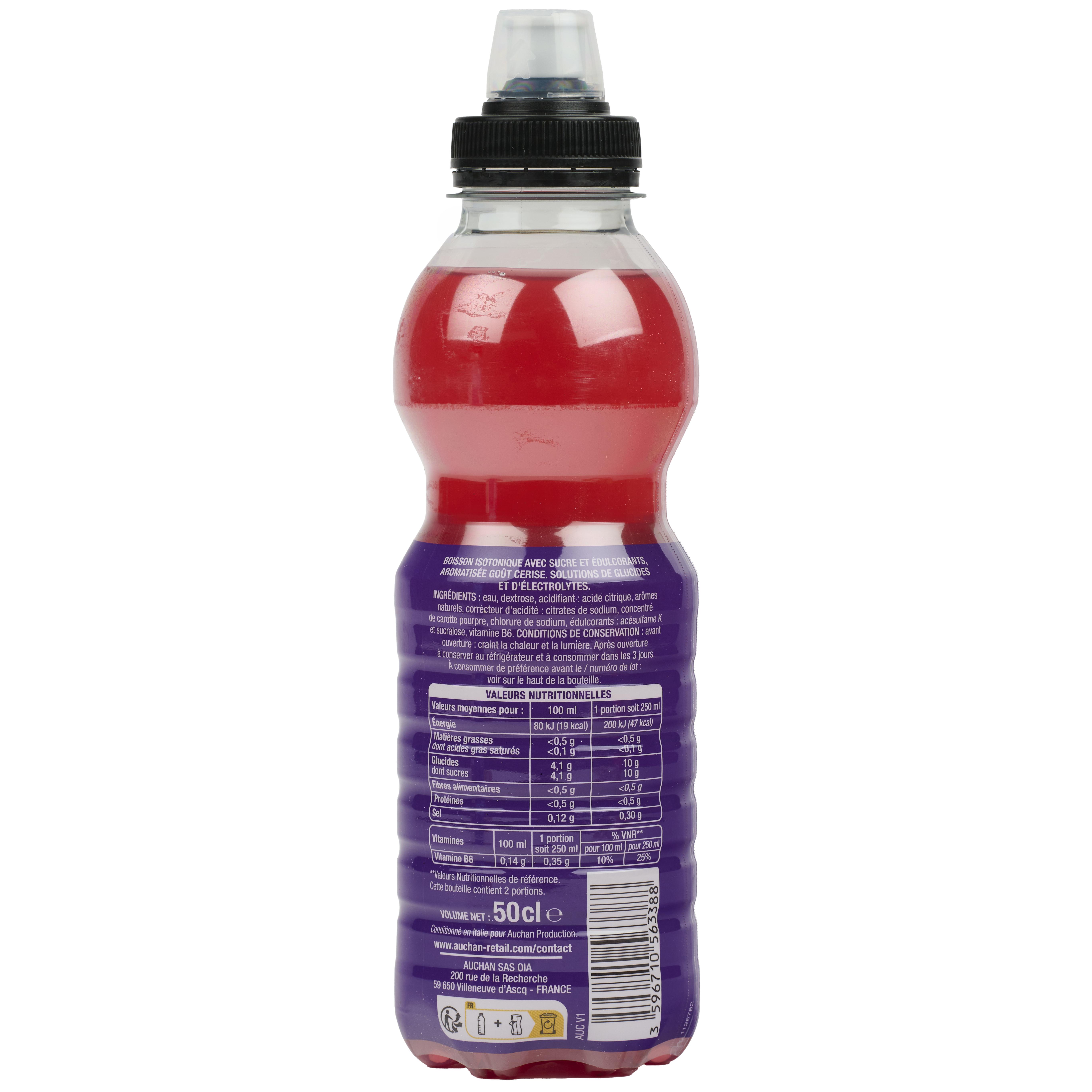 Voir la diapositive 2 : AUCHAN Eat 'N Move Boisson isotonique hydrate goût cerise bouteille 50cl