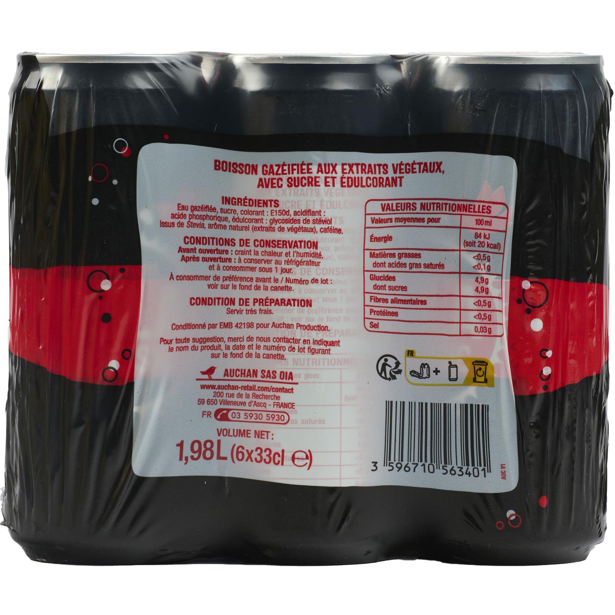 Voir la diapositive 2 : AUCHAN Boisson gazeuse au cola boîtes 6x33cl