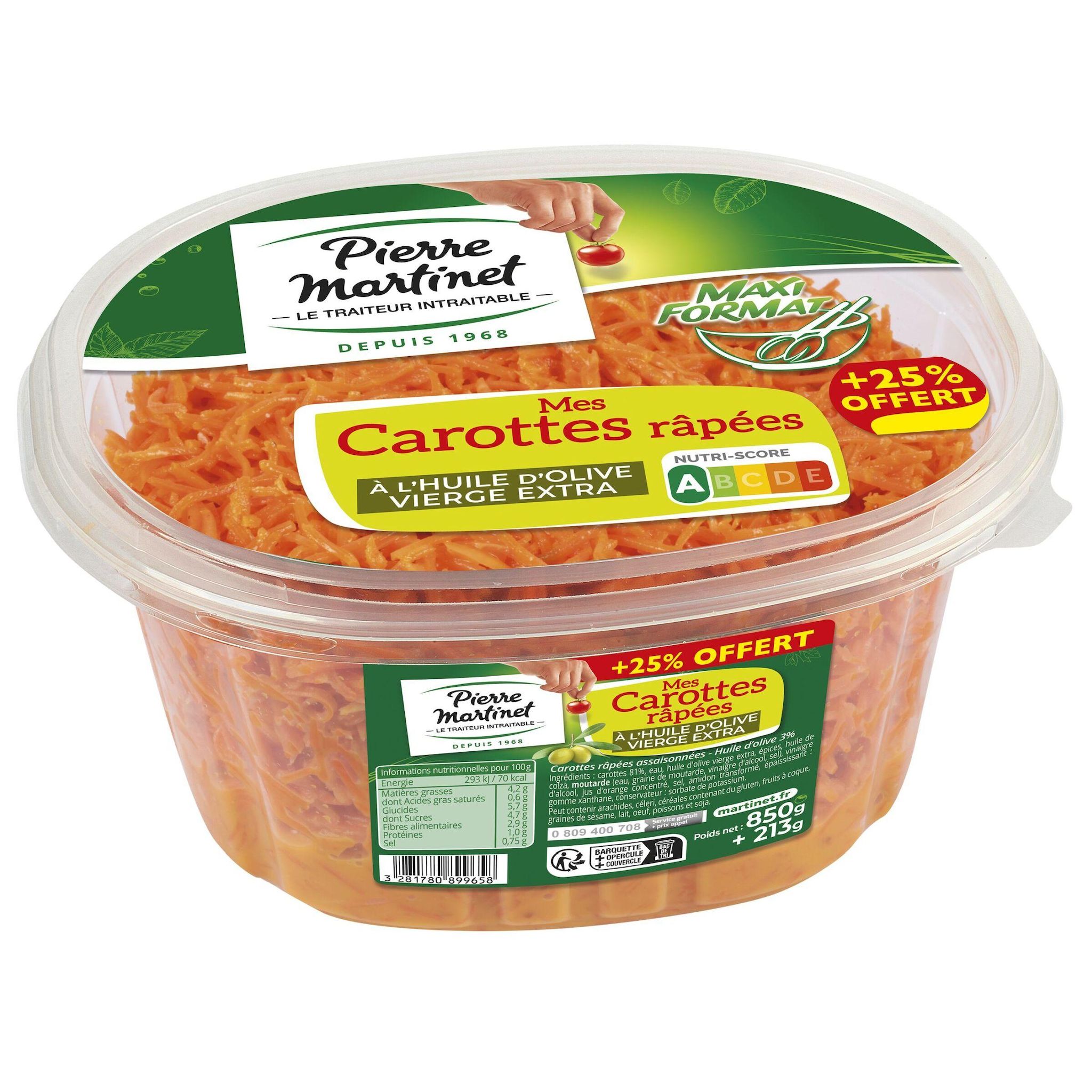 PIERRE MARTINET Carottes râpées assaisonnées à l'huile d'olive vierge extra 850g+25% offert