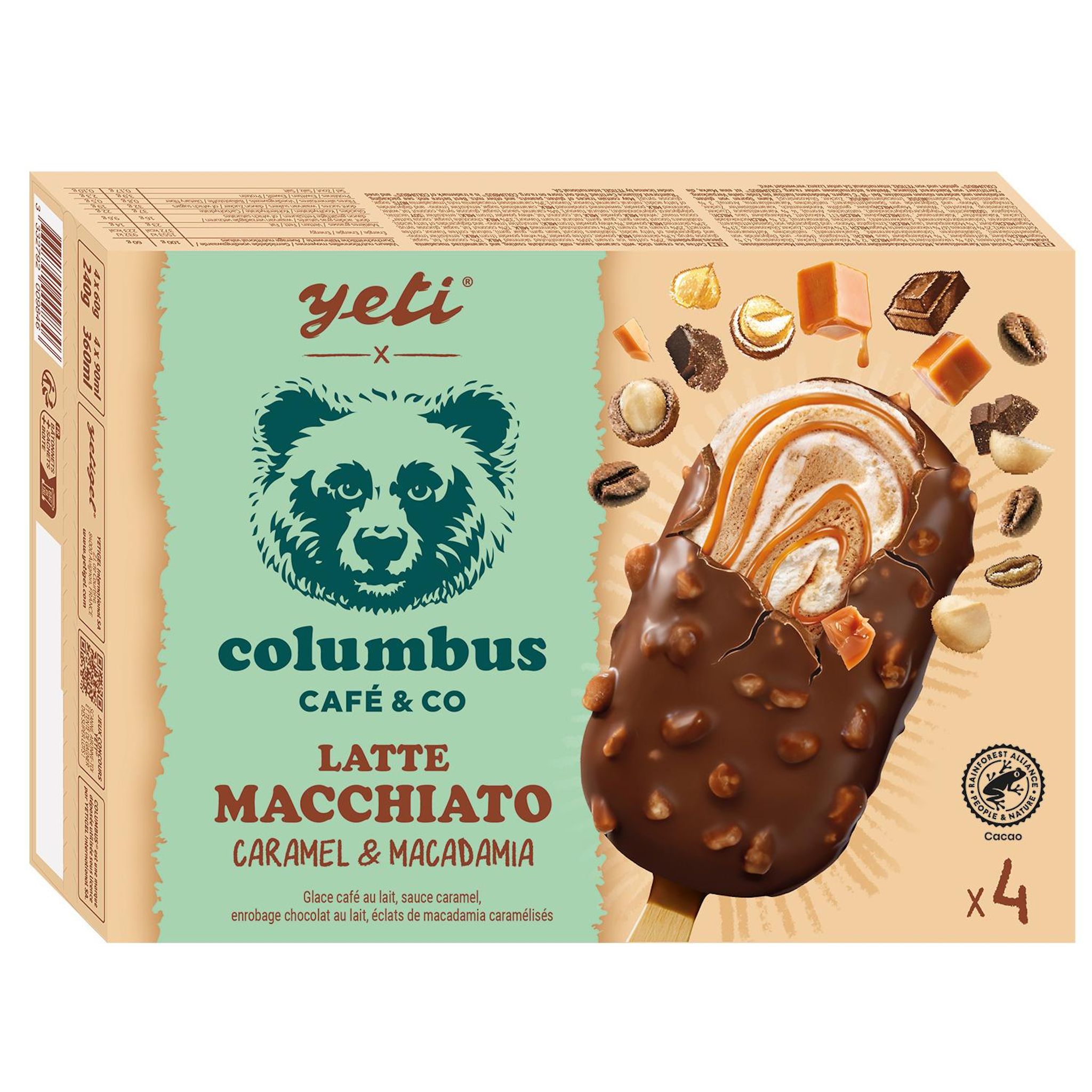 COLUMBUS Bâtonnets glacés café au lait caramel chocolat au lait macadamia 4 pièces 4x60g