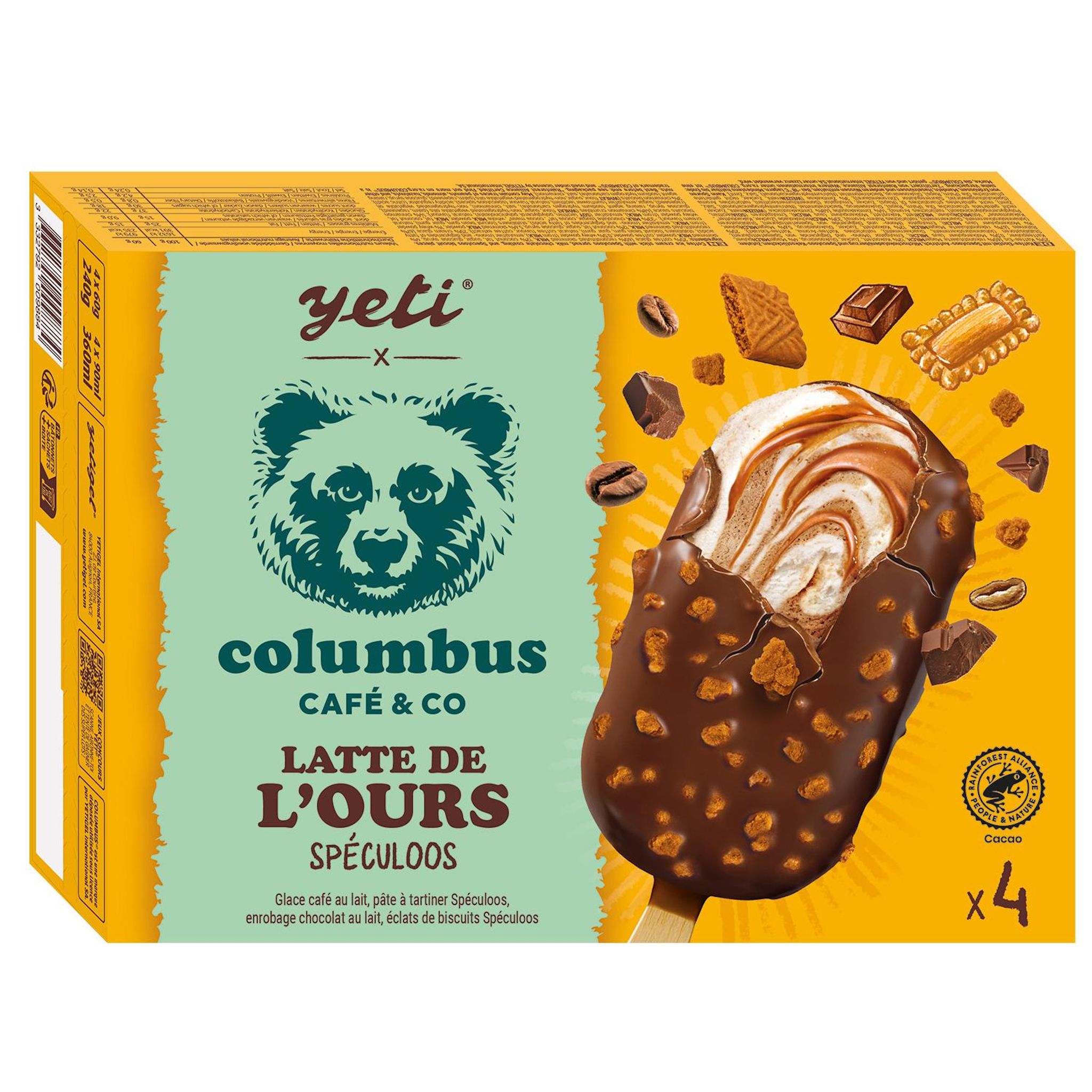 COLUMBUS Bâtonnets glacés café au lait sauce speculoos chocolat au lait biscuits speculoos 4 pièces 4x60g