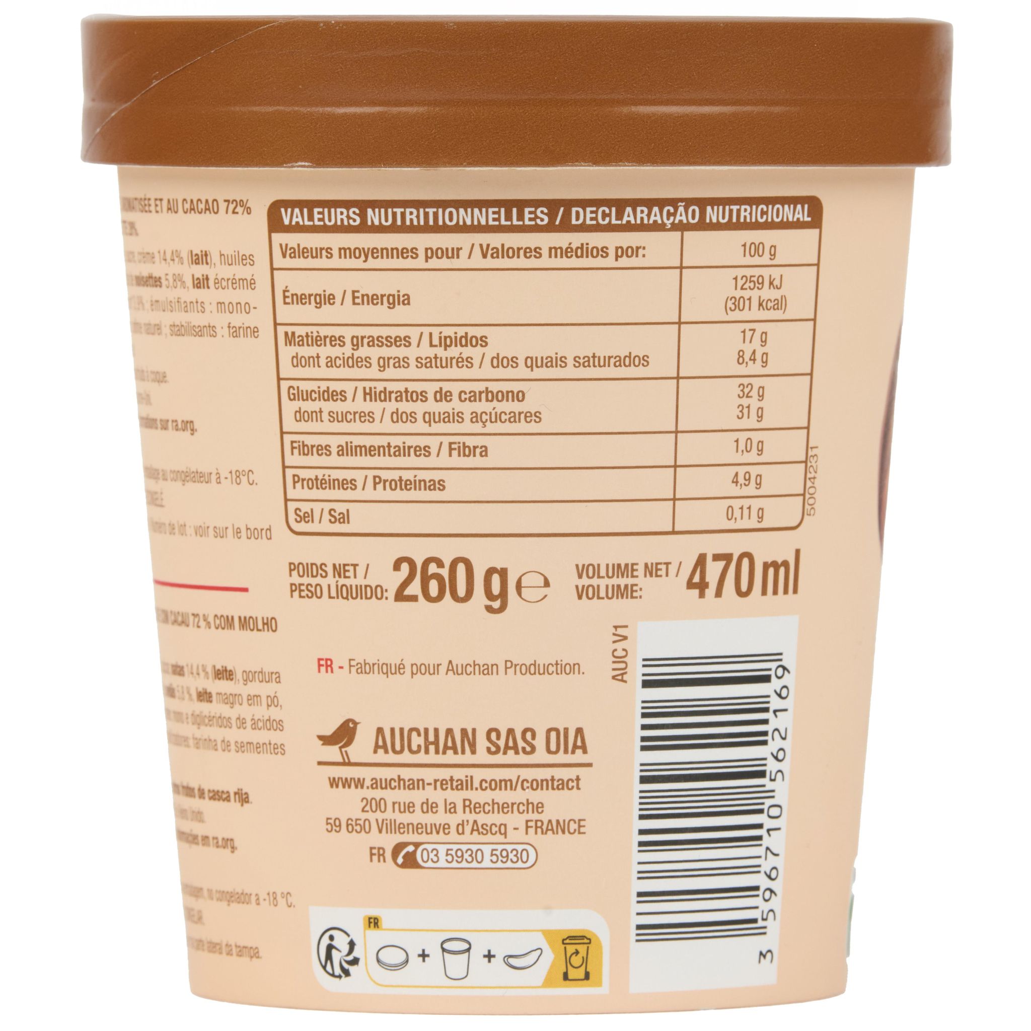 Voir la diapositive 5 : AUCHAN Glace en pot noisette pâte à tartiner 260g