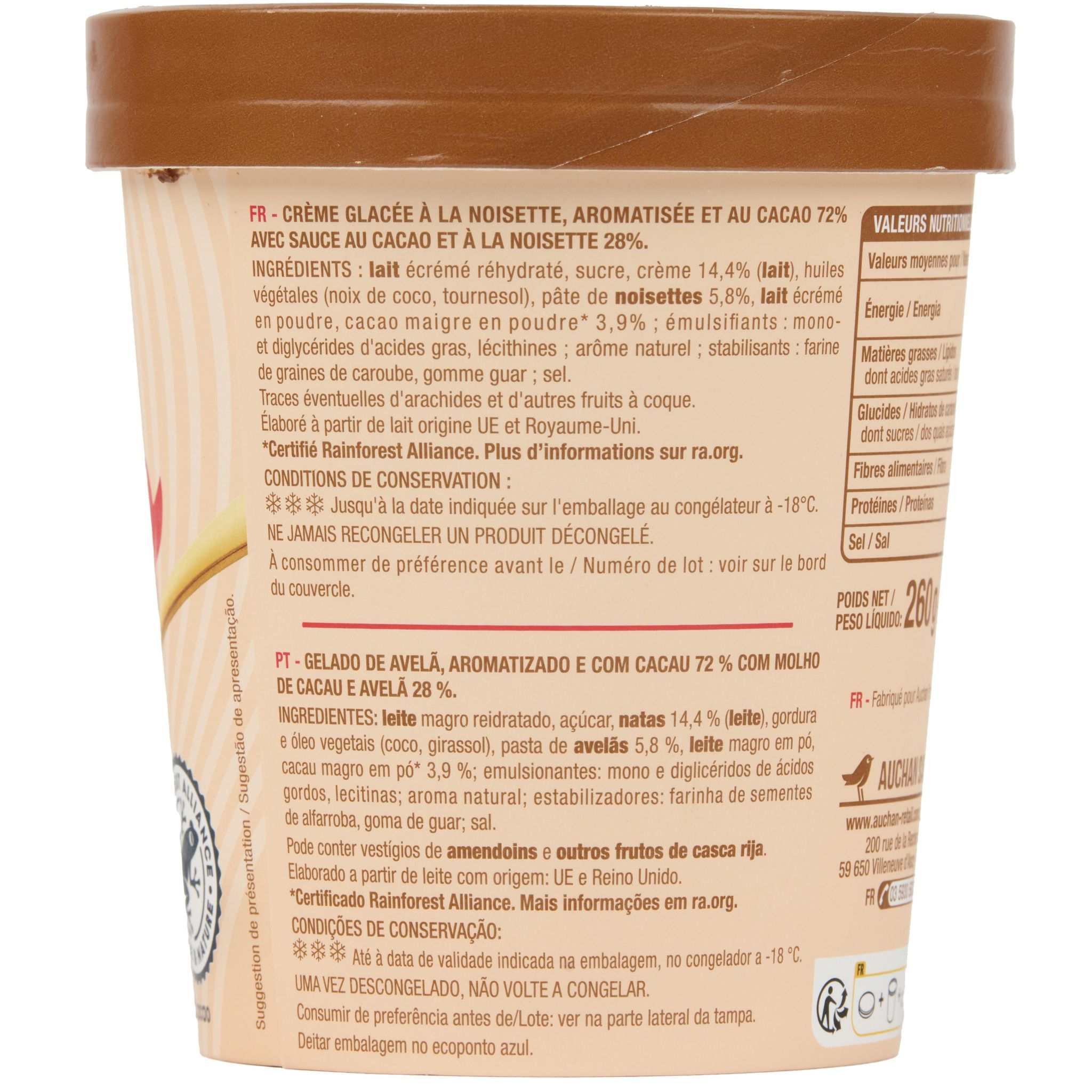 Voir la diapositive 7 : AUCHAN Glace en pot noisette pâte à tartiner 260g