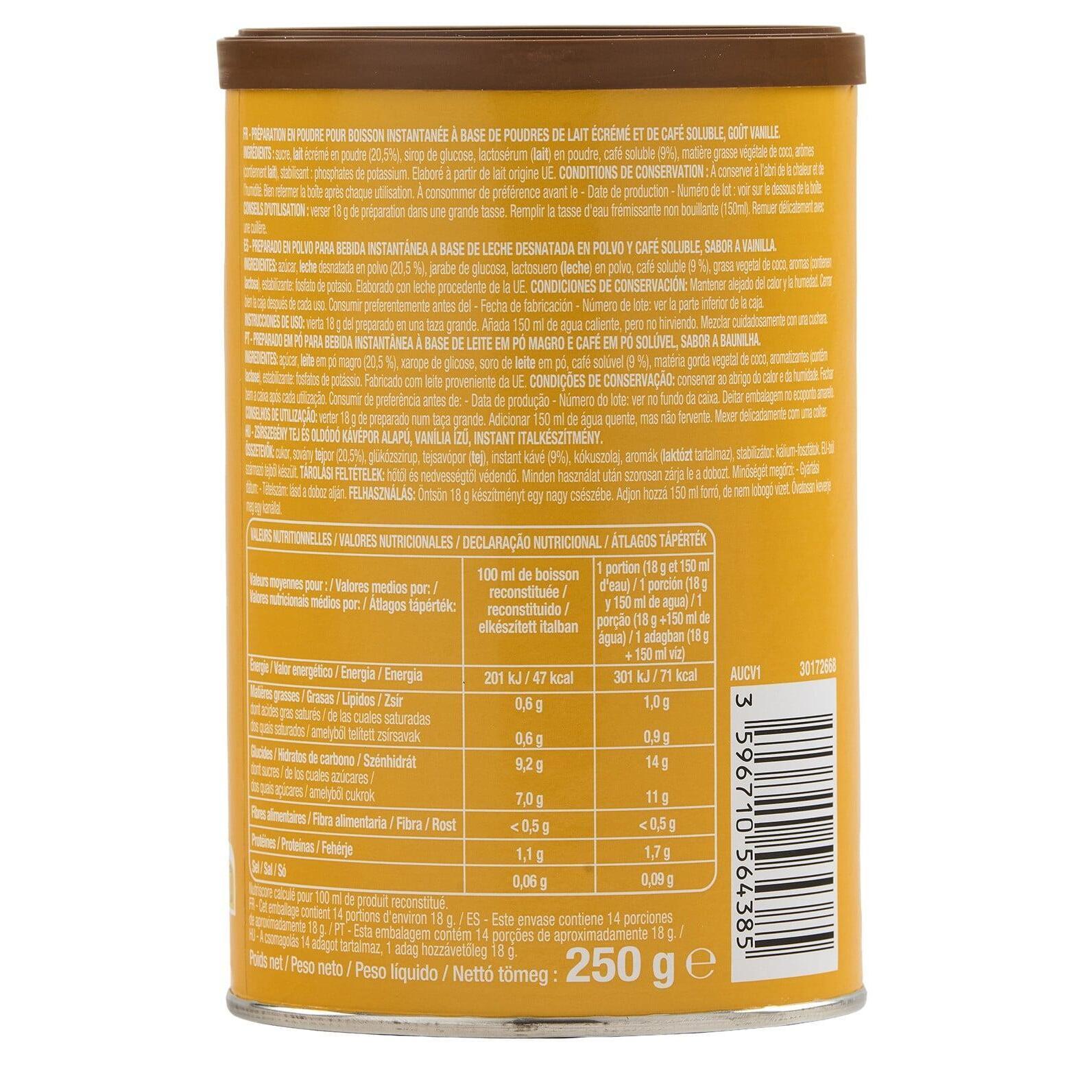 Voir la diapositive 2 : AUCHAN Cappuccino saveur vanille boîte 250g