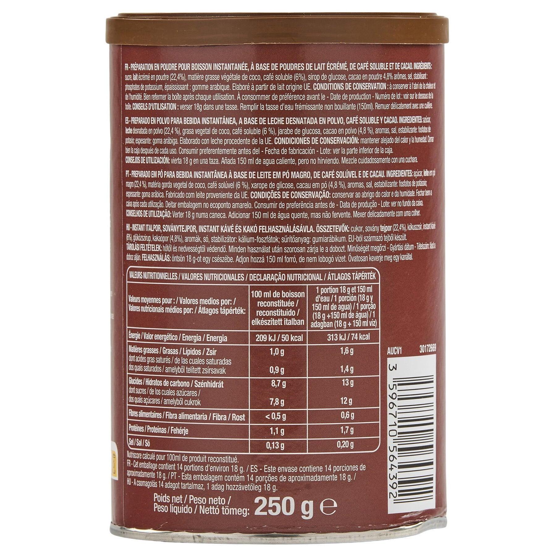 Voir la diapositive 2 : AUCHAN Cappuccino saveur chocolat soluble 250g