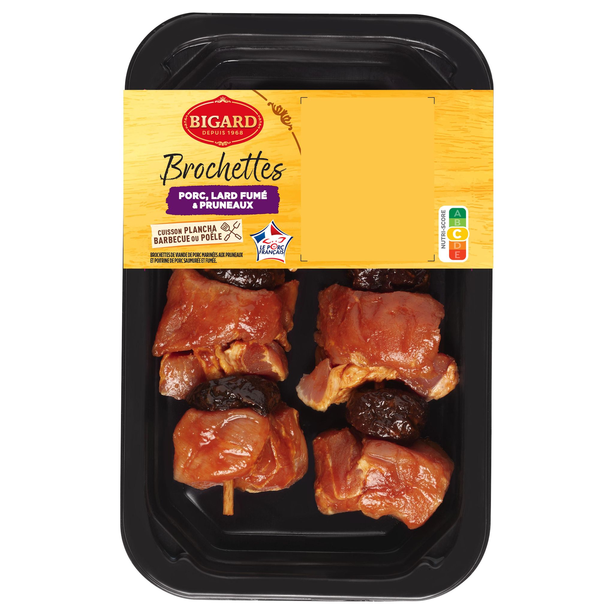 BIGARD Brochettes de porc marinées pruneaux et poitrine fumée 2 brochettes 320g