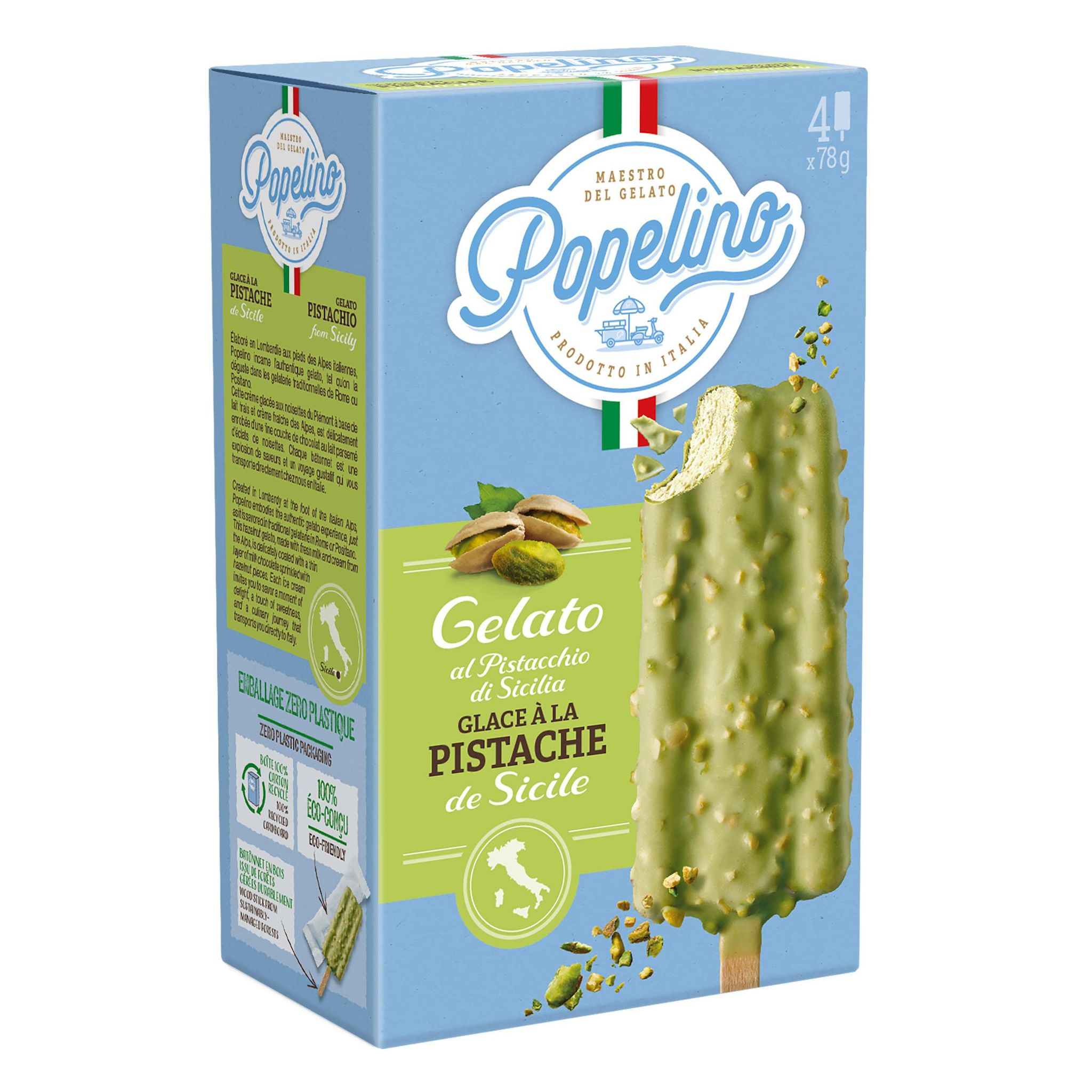 POPELINO Bâtonnets glacés pistache de Sicile chocolat blanc 4 pièces 4x78g