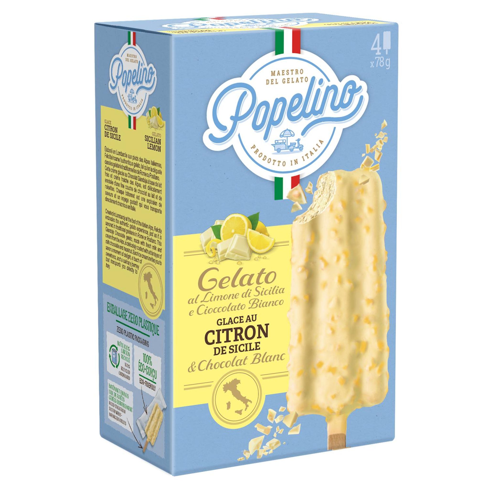 POPELINO Bâtonnets glacés citron chocolat blanc 4 pièces 4x78g