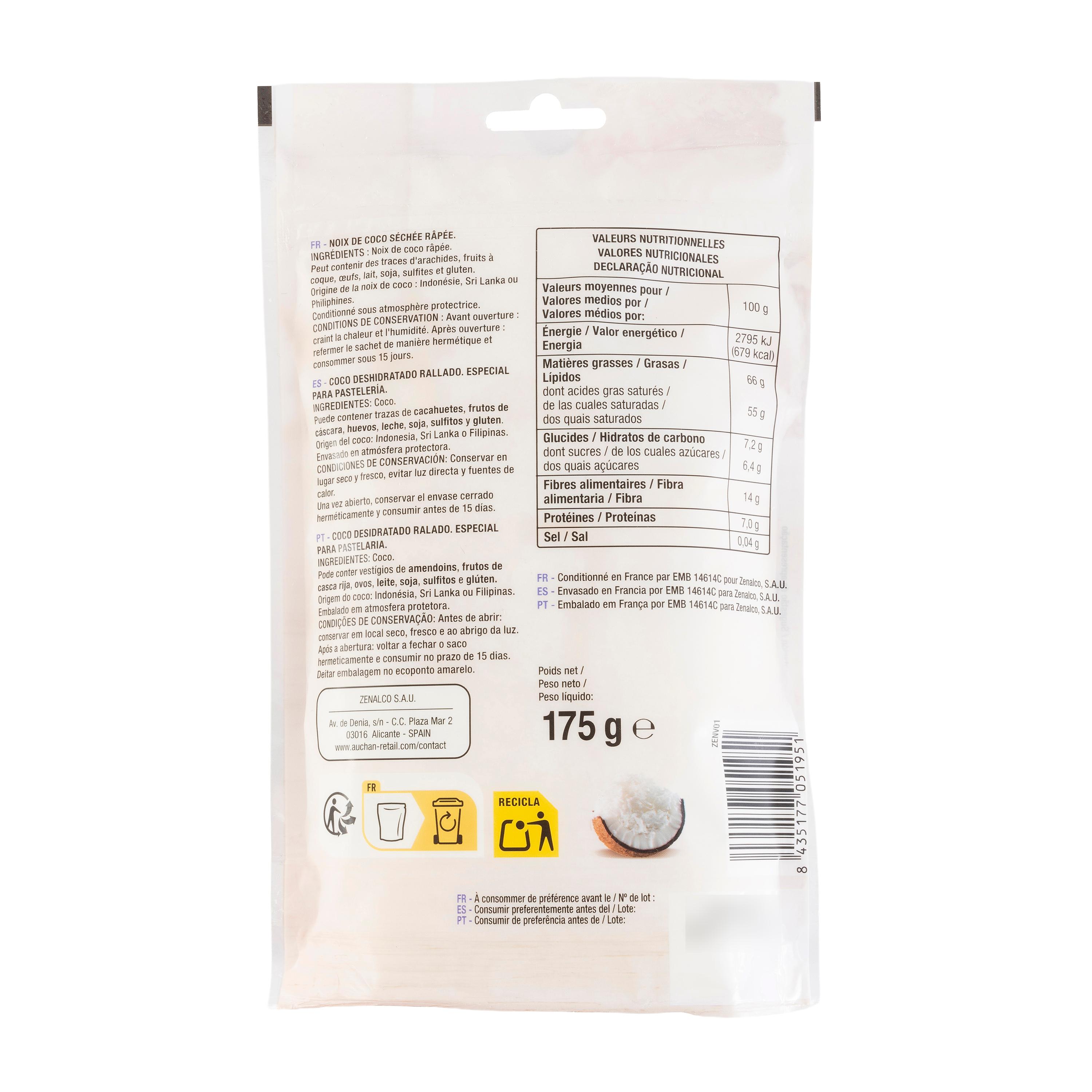 Voir la diapositive 2 : AUCHAN Noix de coco râpée 175g