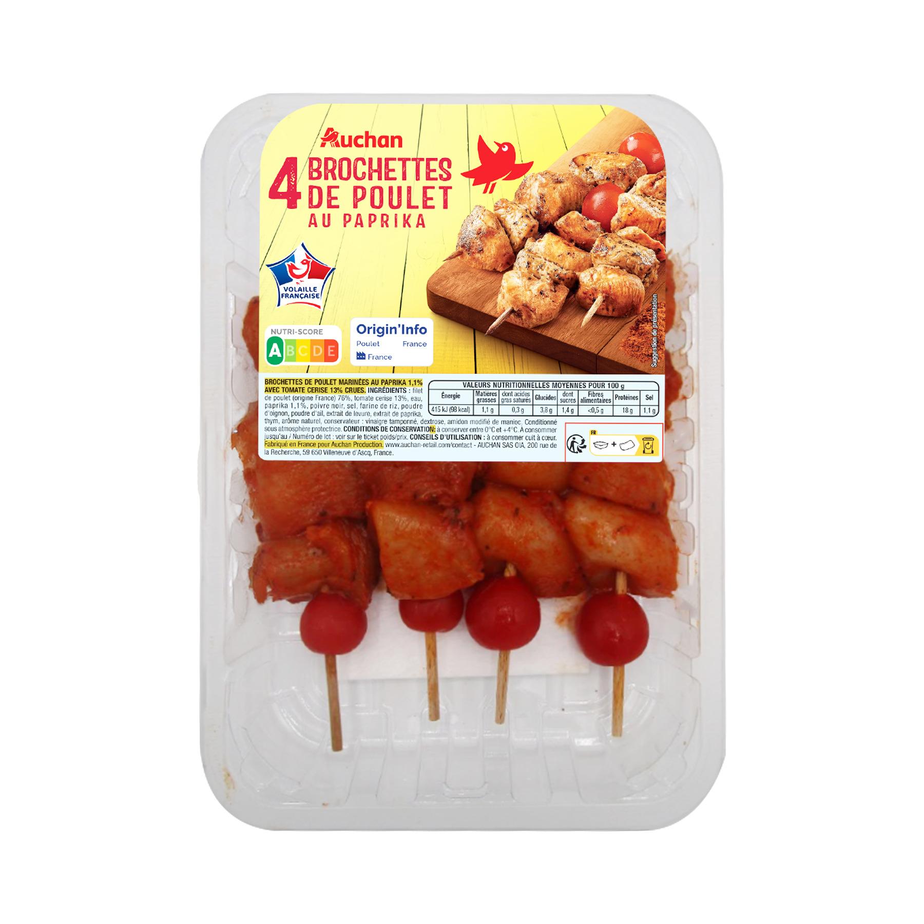 AUCHAN Brochettes de poulet au paprika 4 pièces 400g