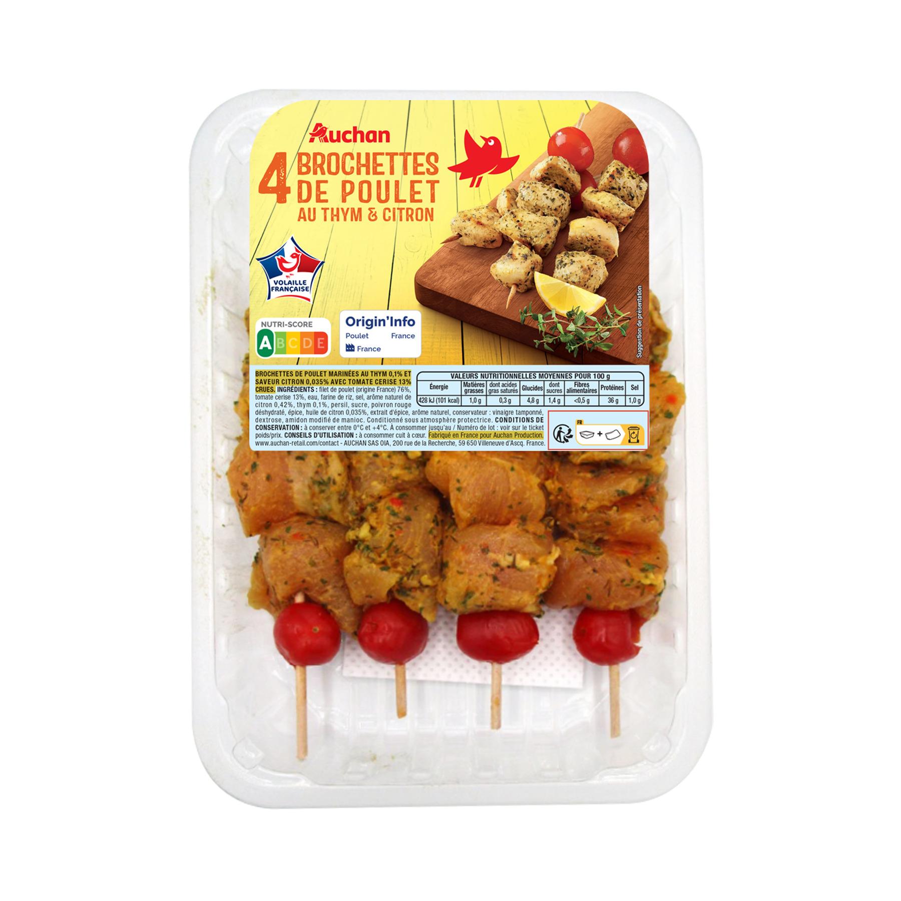 AUCHAN Brochettes de poulet au thym et citron 4 pièces 400g