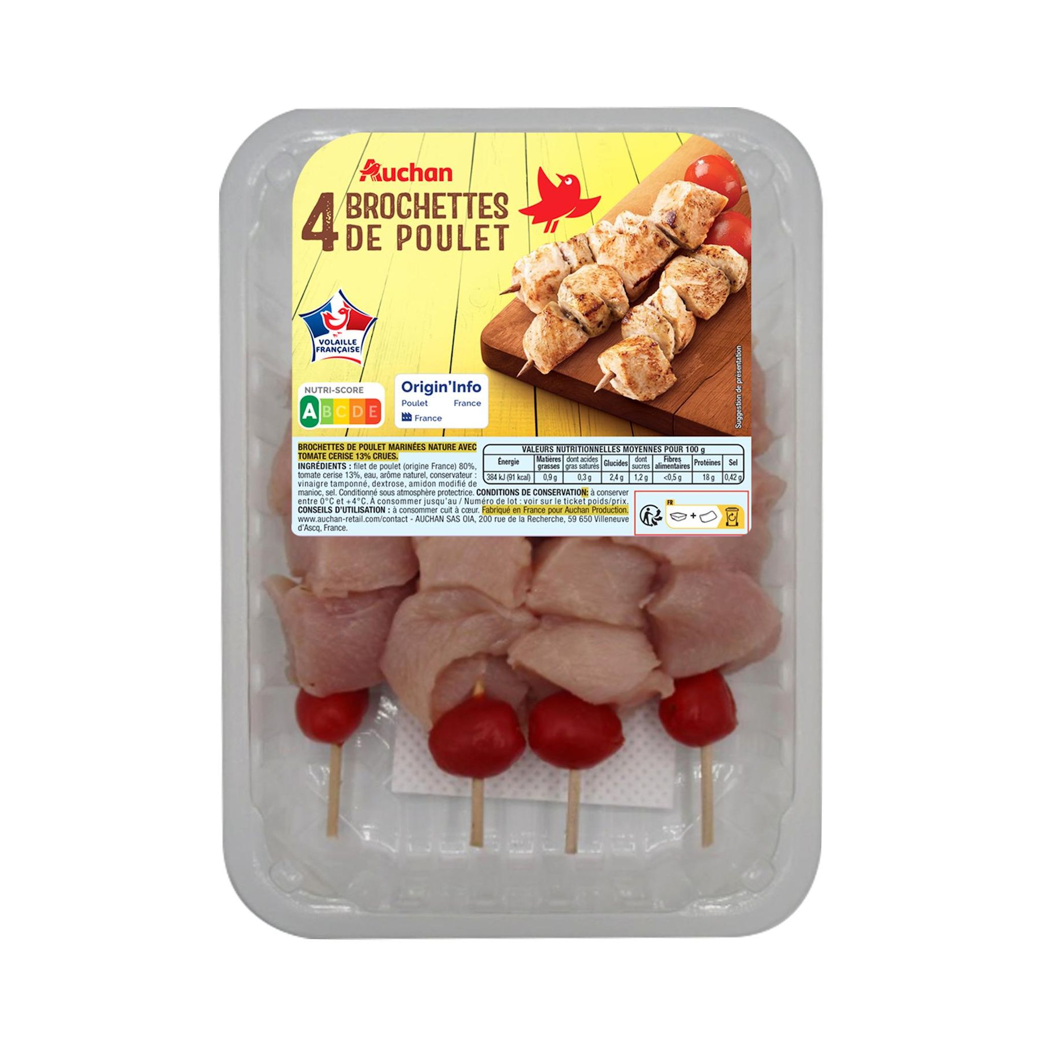 AUCHAN Brochettes de poulet 4 pièces 400g