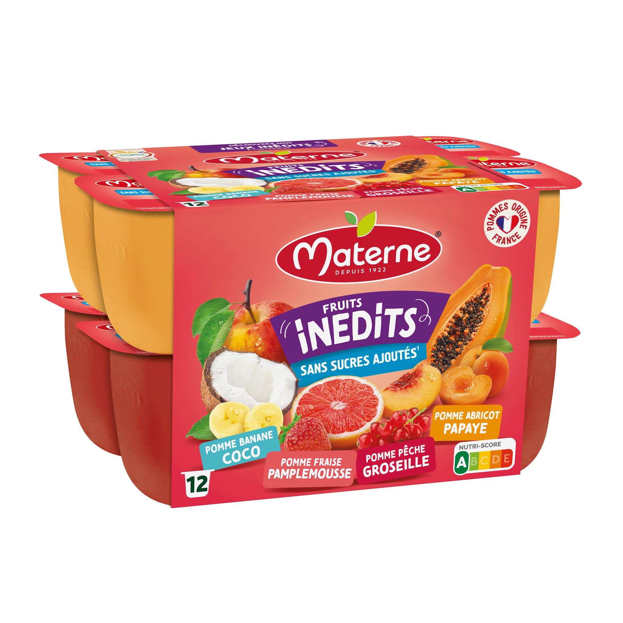 MATERNE Coupelles compote de pomme banane coco fraise pamplemousse pêche groseille abricot papaye sans sucres ajoutés 12x100g