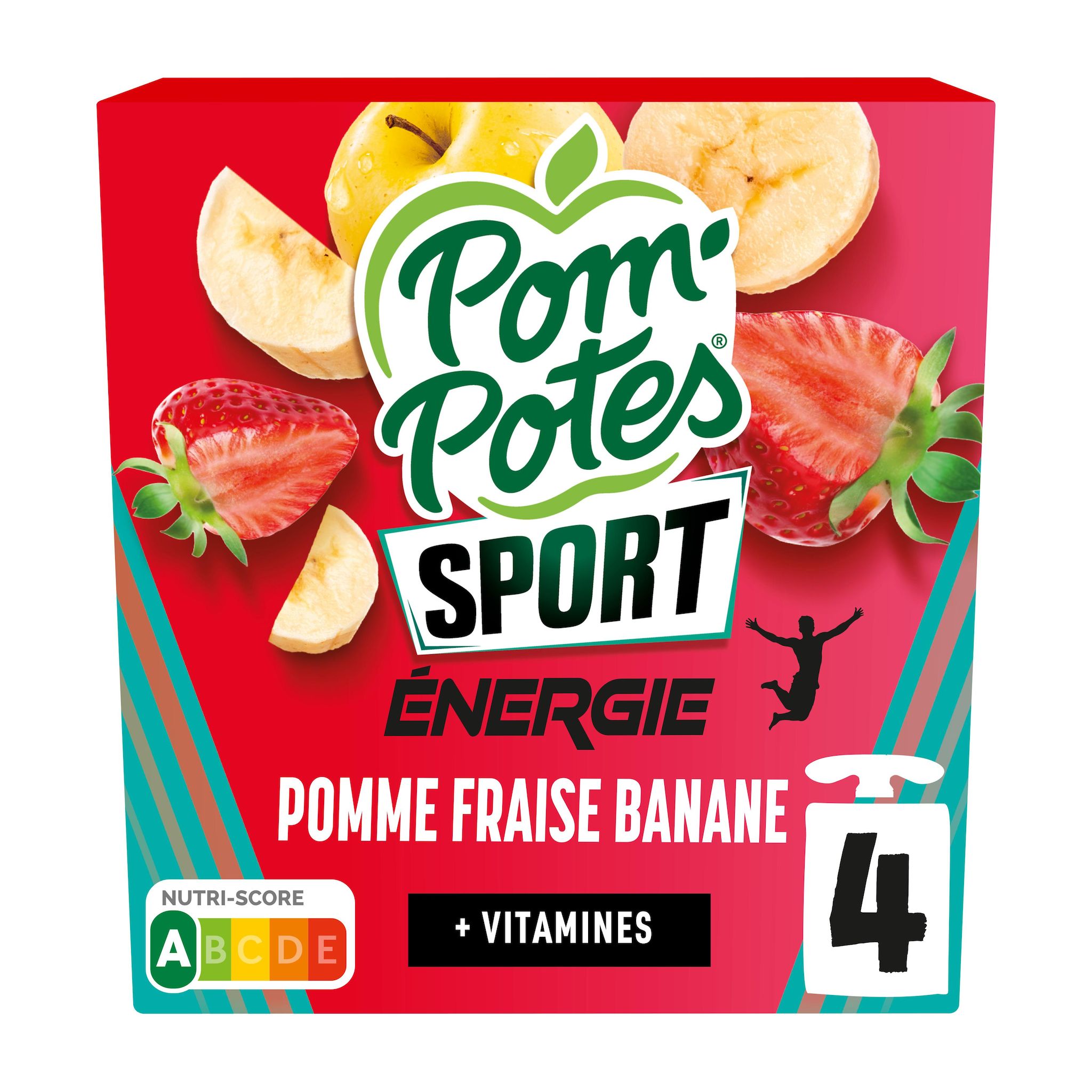 POM'POTES Sport compotes énergie pomme fraise banane + vitamines sans sucres ajoutés 4x90g