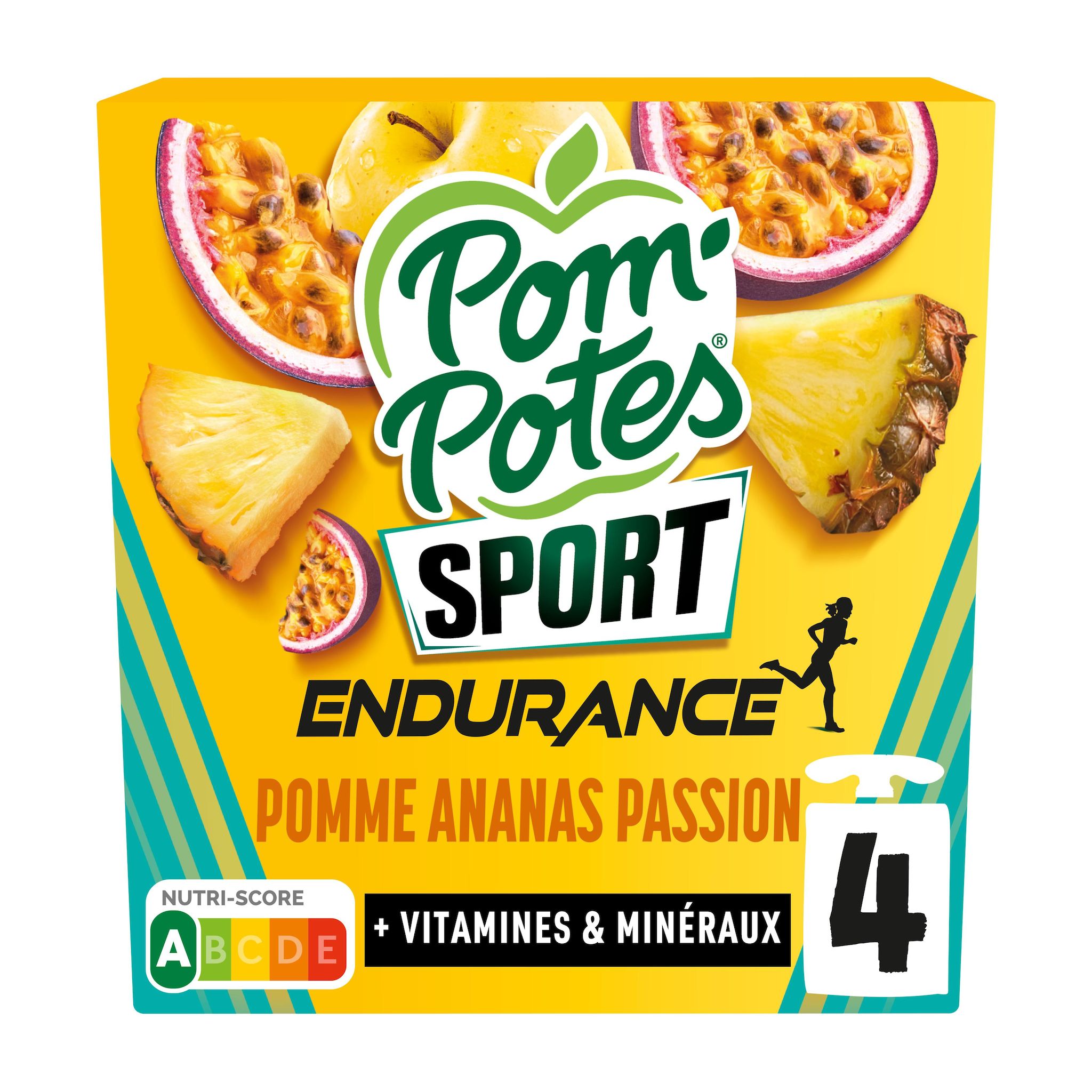 POM'POTES Sports endurance gourde compote de pomme ananas passion sans sucres ajoutés 4x90g