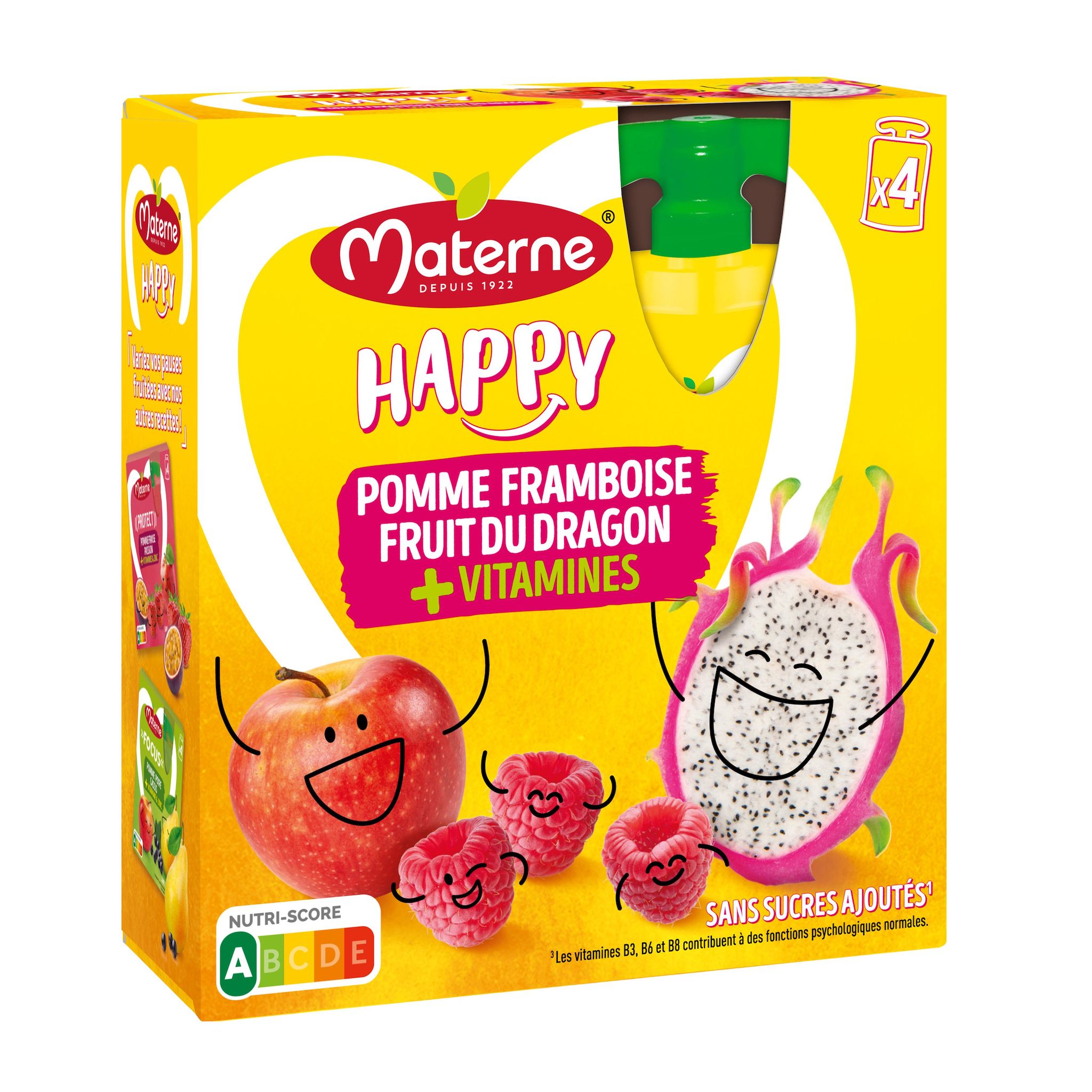 MATERNE Gourdes compote happy à la pomme framboise fruit du dragon et vitamines sans sucres ajoutés 4x90g