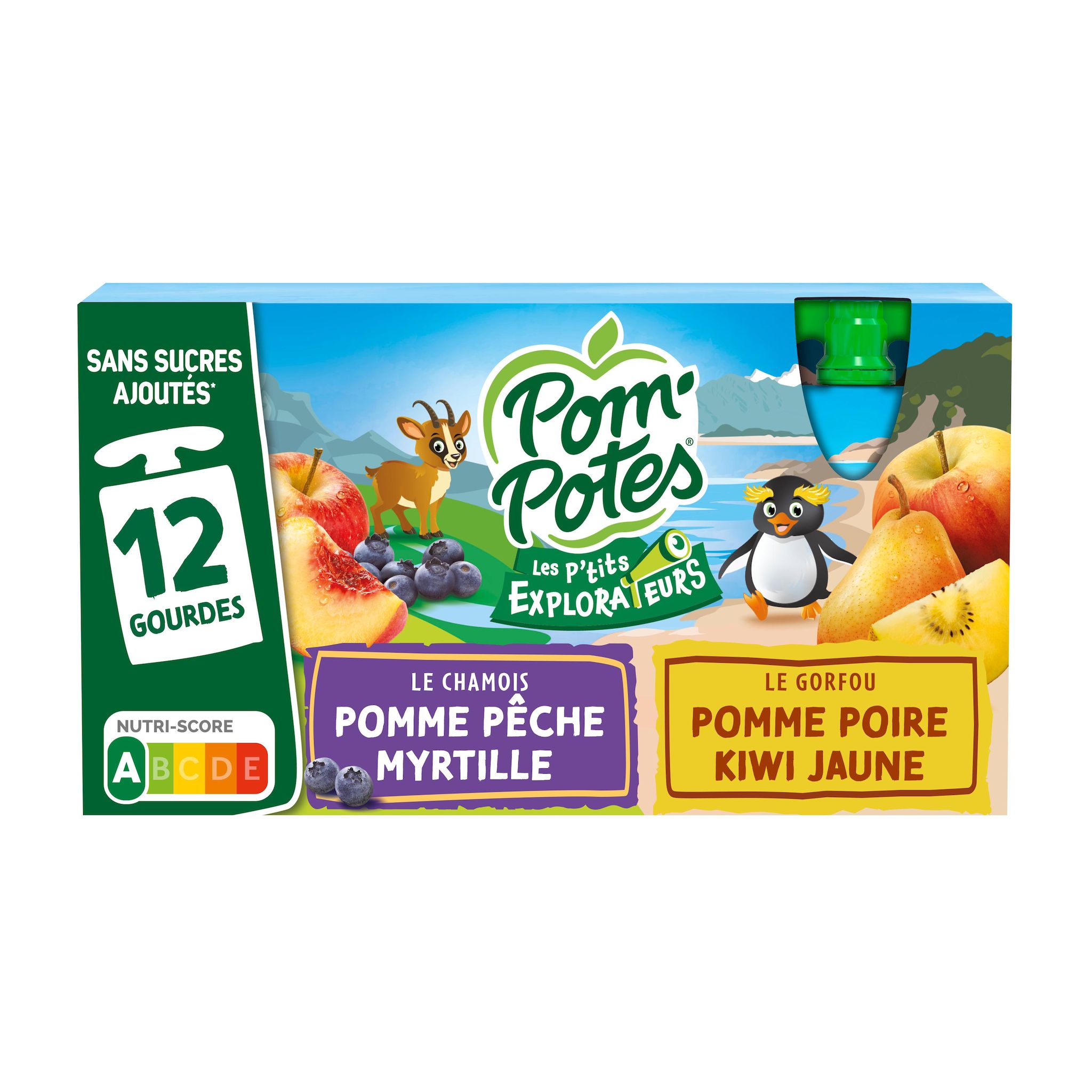 POM'POTES Les P'tits Explorateurs Gourdes compote de pomme pêche myrtille poire kiwi jaune sans sucres ajoutés 12x90g