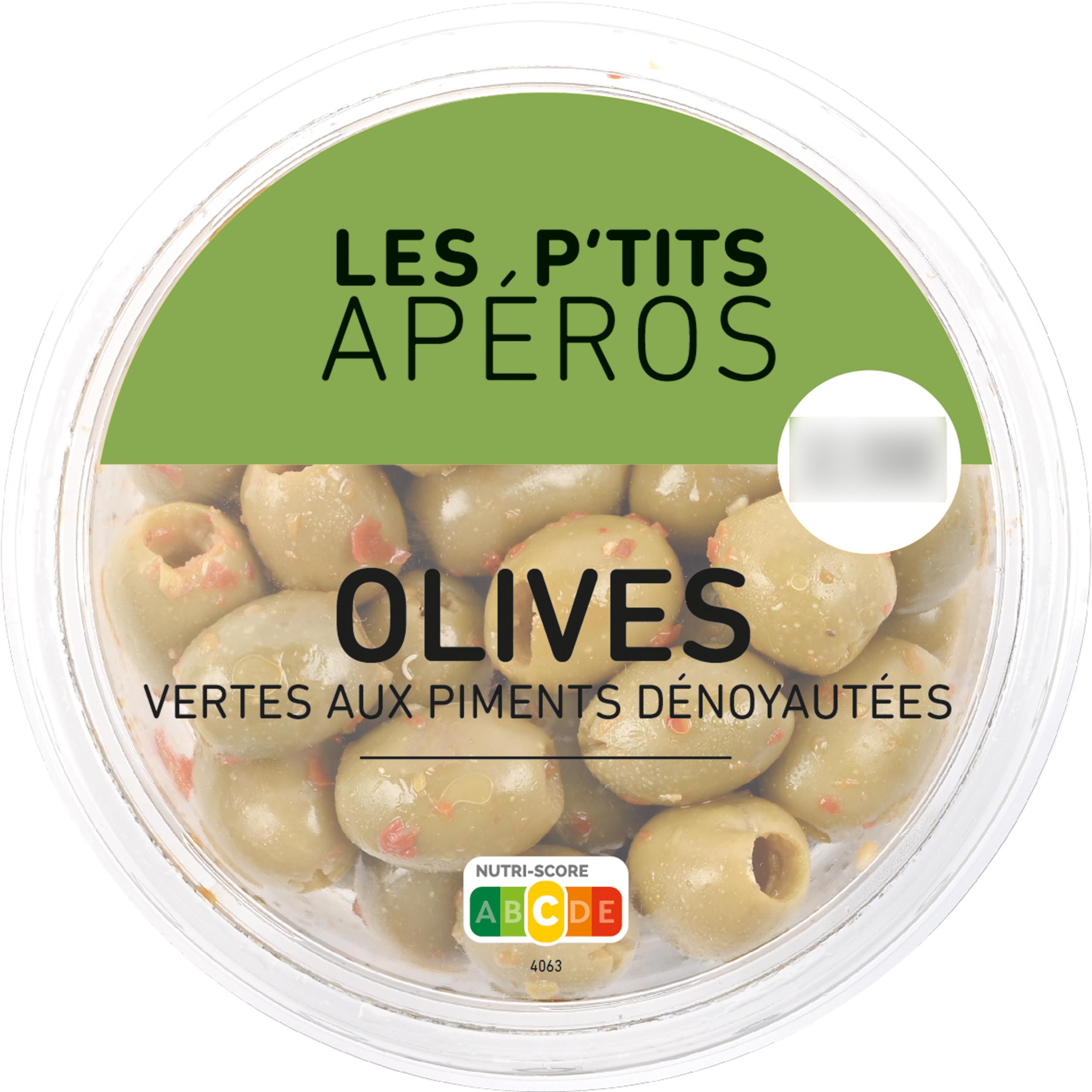 LES P'TITS APEROS Olives vertes dénoyautées aux piments 150g
